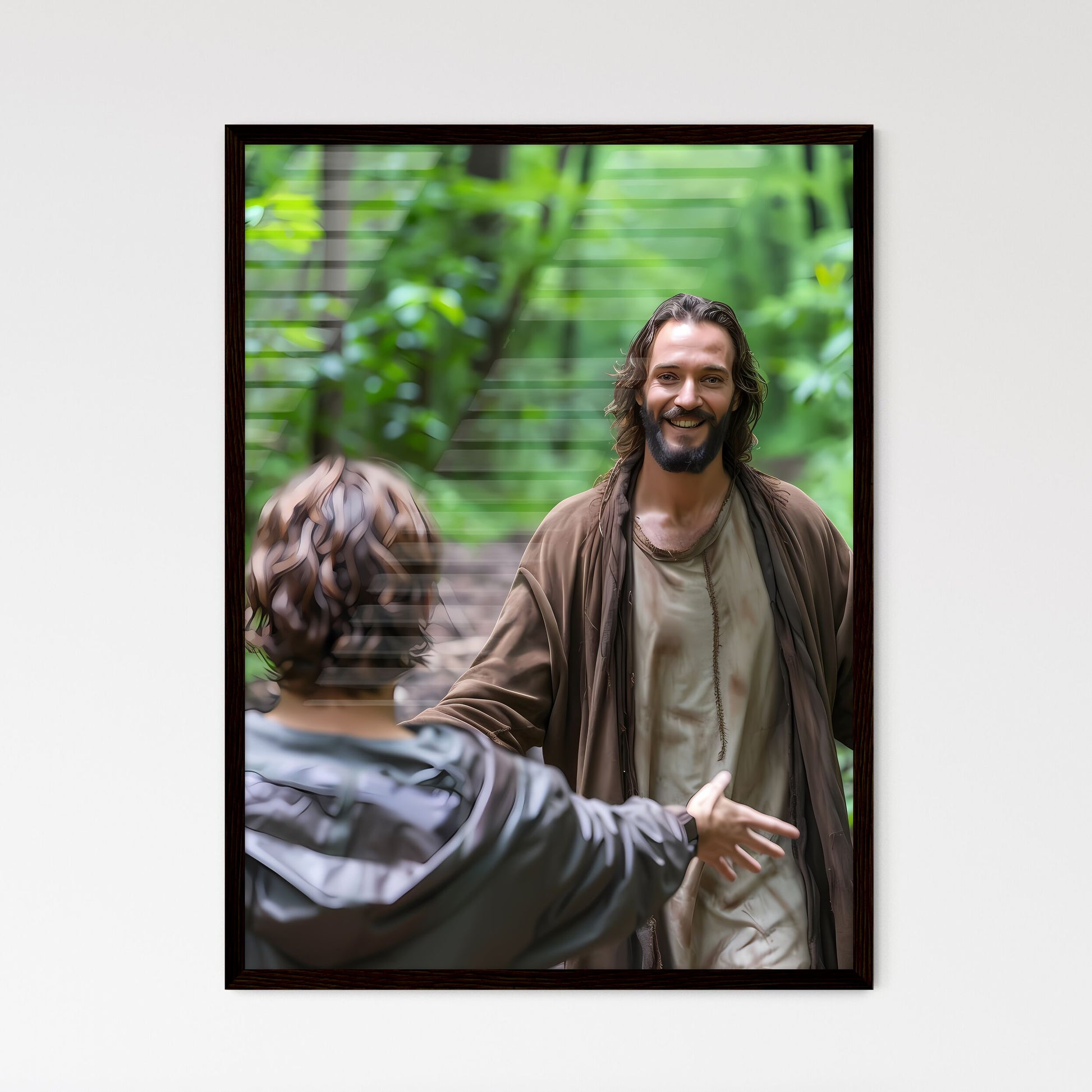 We see the back of young woman with dark wavy hair wearing a brown dress is running toward Jesus a man with dark long hair and a brown rugged robe - Art print of a man in a robe talking to a person in the woods Default Title
