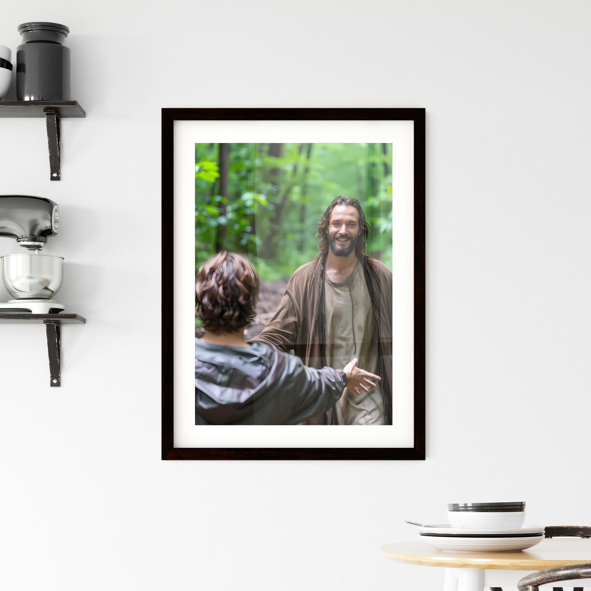 We see the back of young woman with dark wavy hair wearing a brown dress is running toward Jesus a man with dark long hair and a brown rugged robe - Art print of a man in a robe talking to a person in the woods Default Title