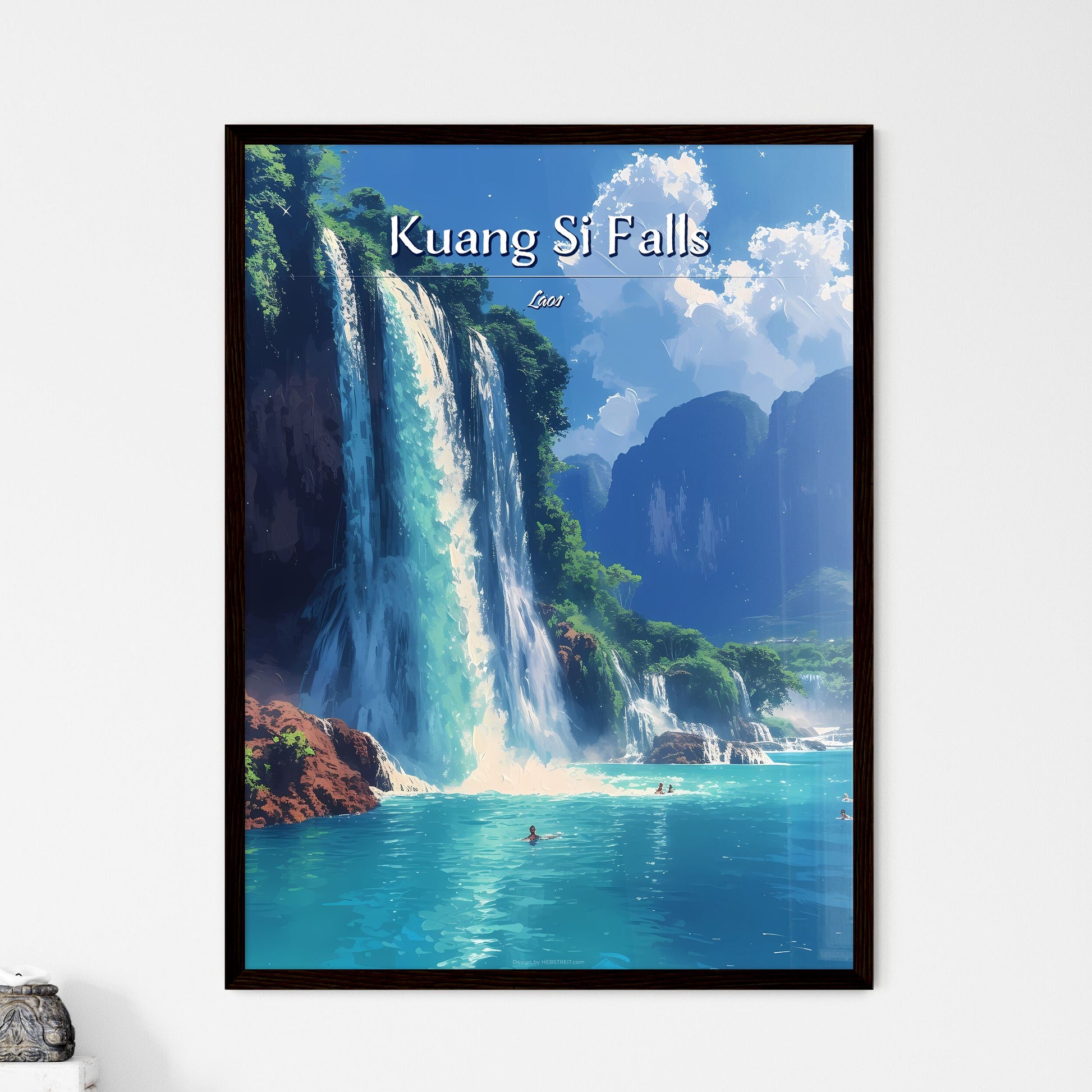 Kuang Si Falls, Laos - Art print of a waterfall in a body of water Default Title