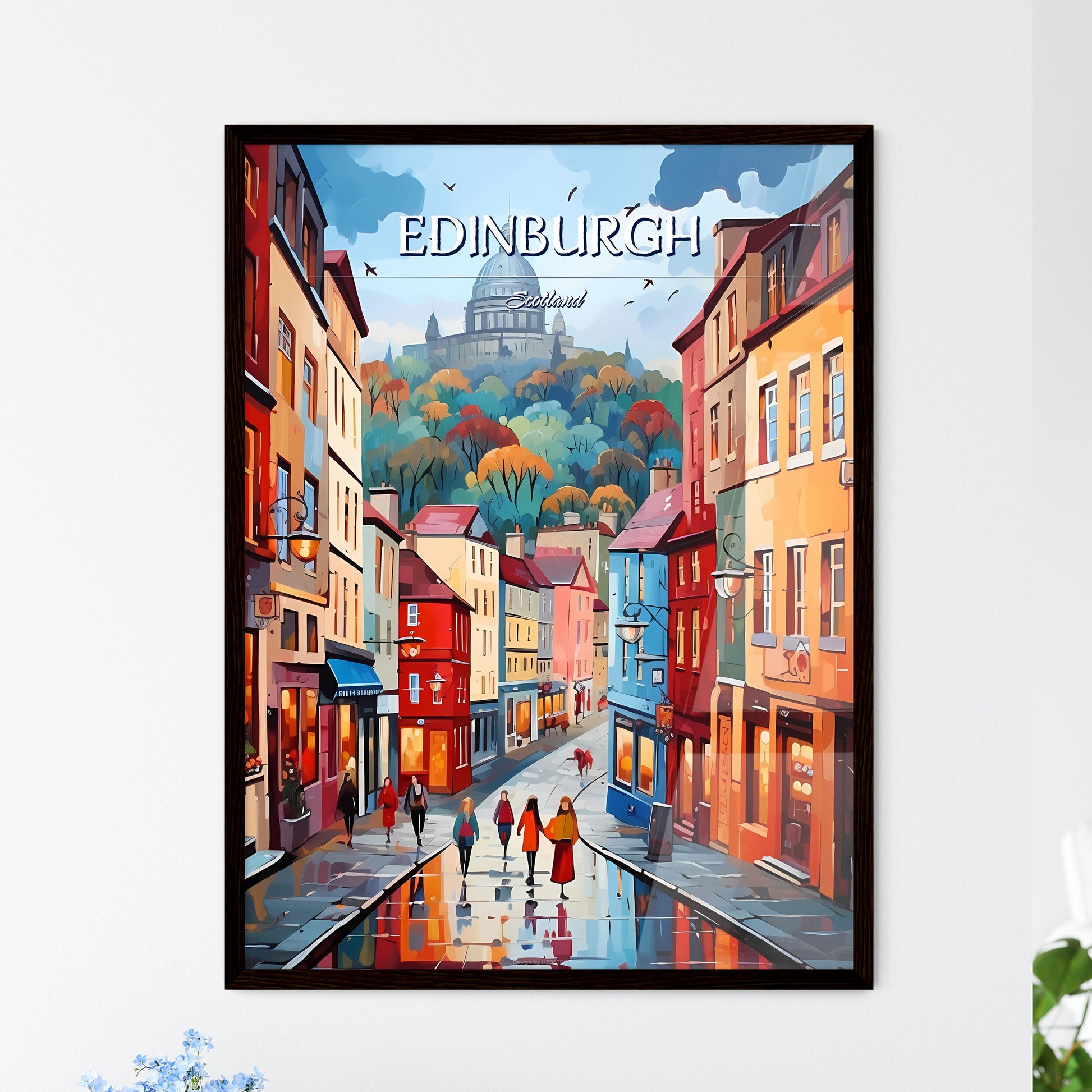 Edinburgh, Scotland - Art print of a painting of a street with buildings and people walking Framed Art