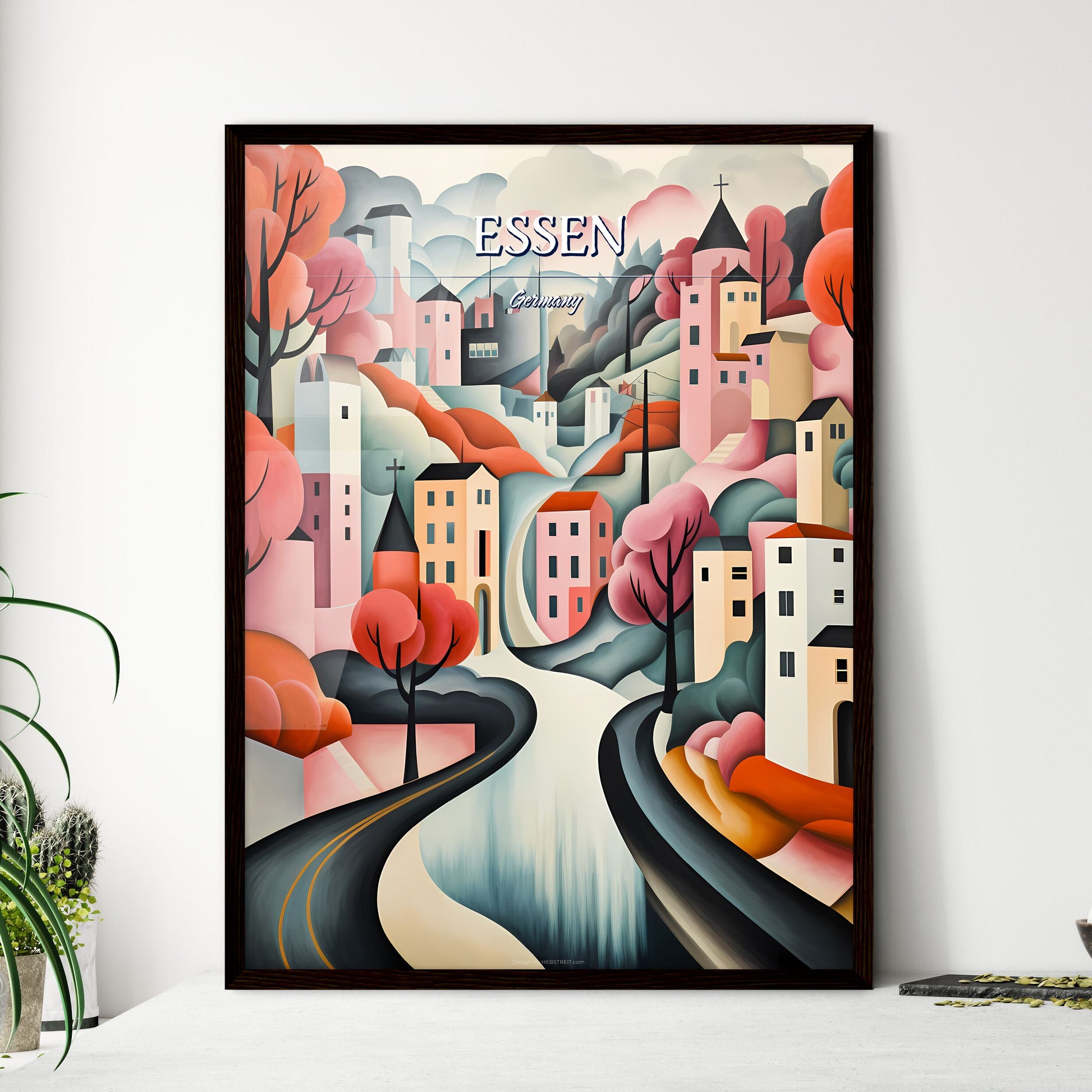 Essen, Germany - Art print of a painting of a town with trees and a road Framed Art