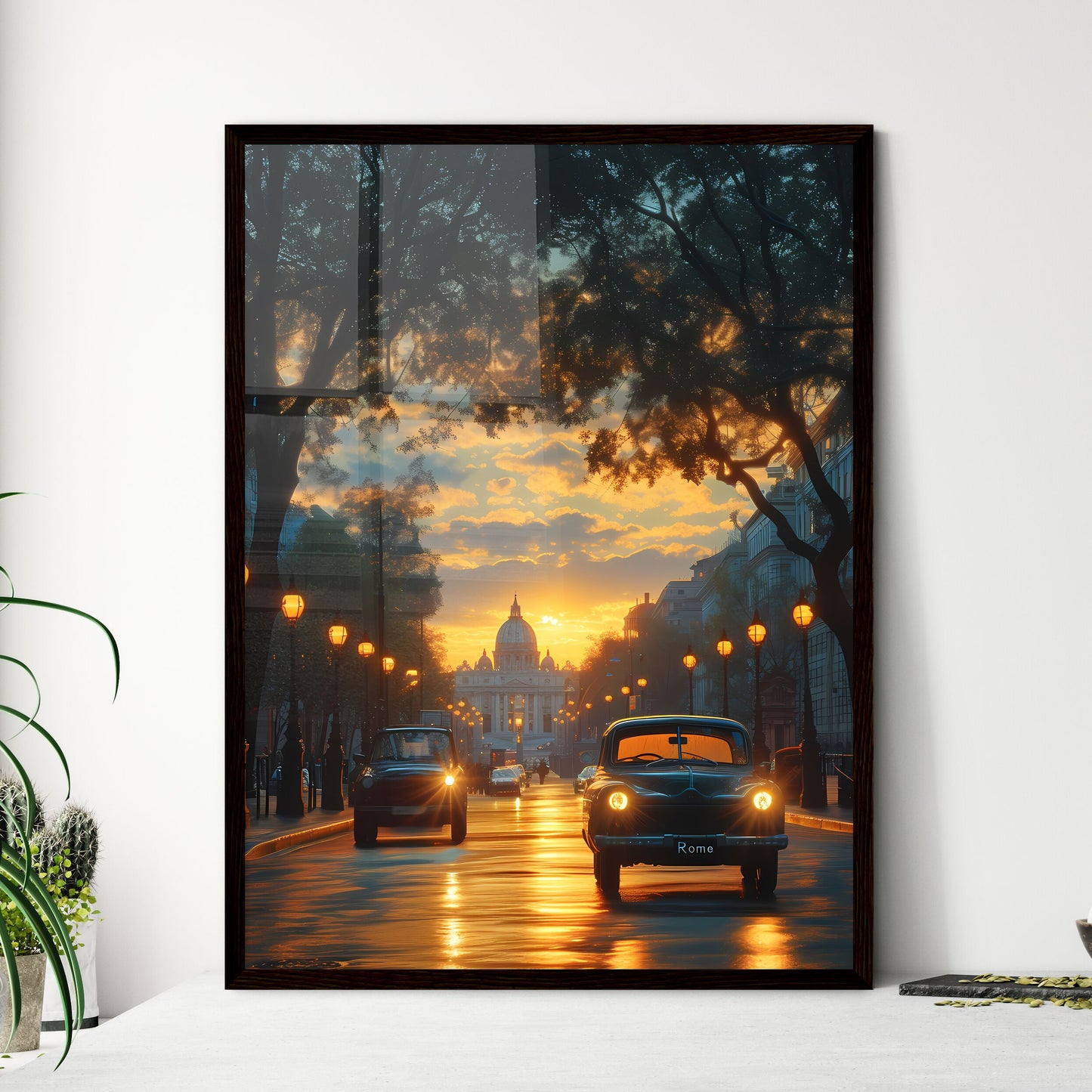 Poster of Rome - Art print of cars on a street with trees and lights Framed Art
