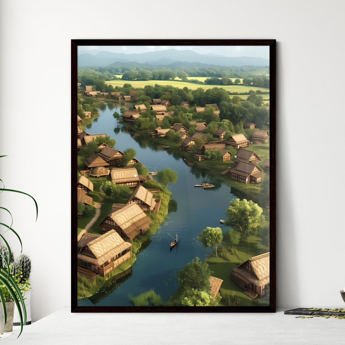 Lebanon country life in 2000 BC - Art print of a river with houses and trees Framed Art