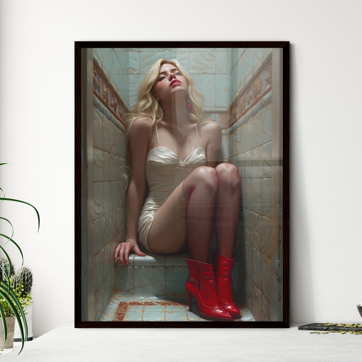 Blonde pin up girl in stockings with red hig - Framed Art Print