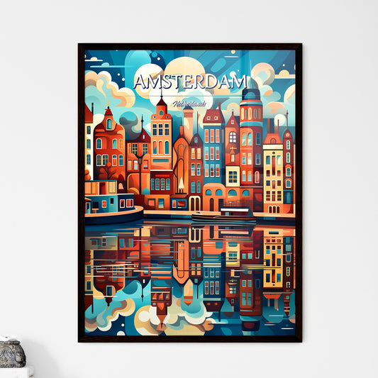 Amsterdam, Netherlands - Art print of a colorful city with boats and water Framed Art