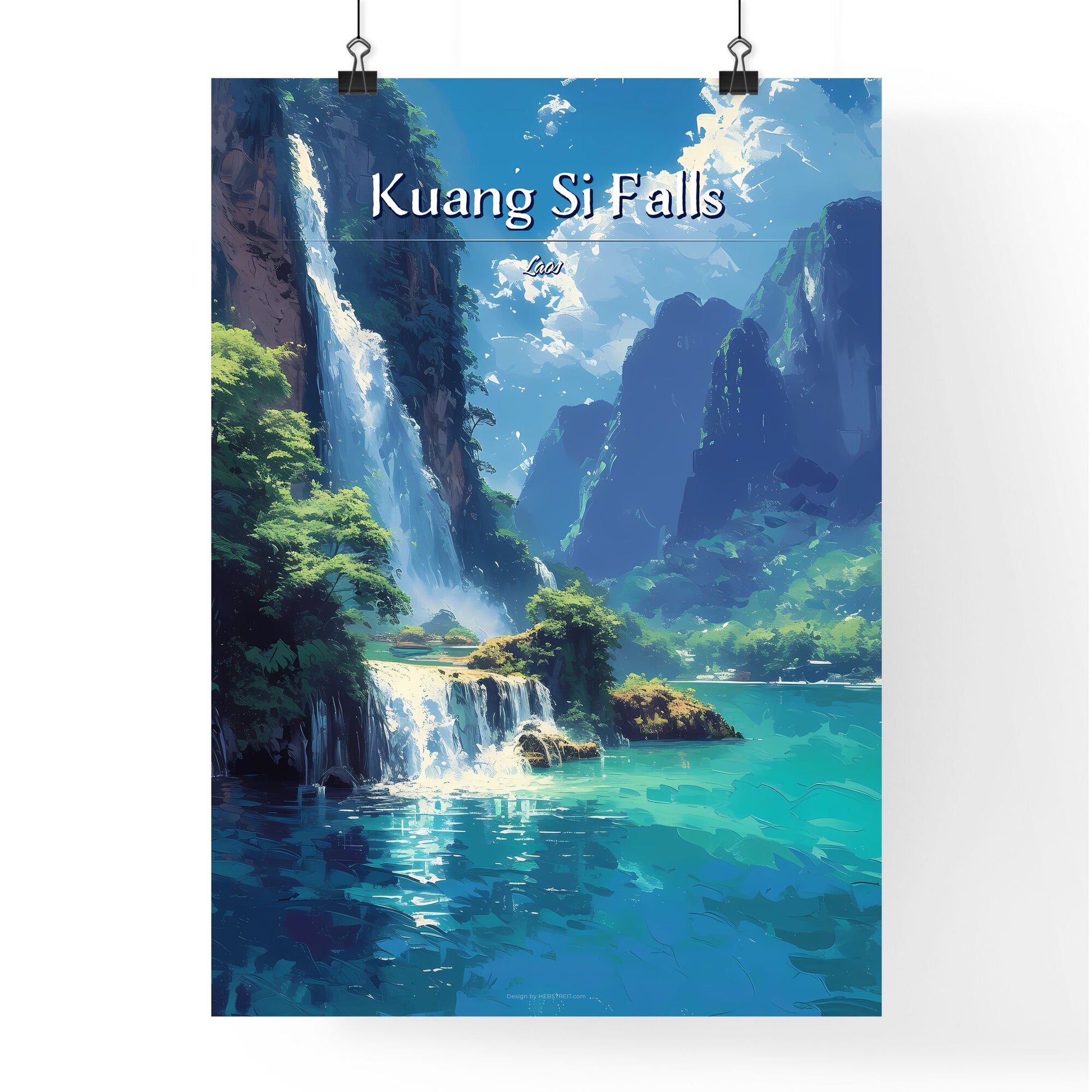 Kuang Si Falls, Laos - Art print of a waterfall and blue water Default Title