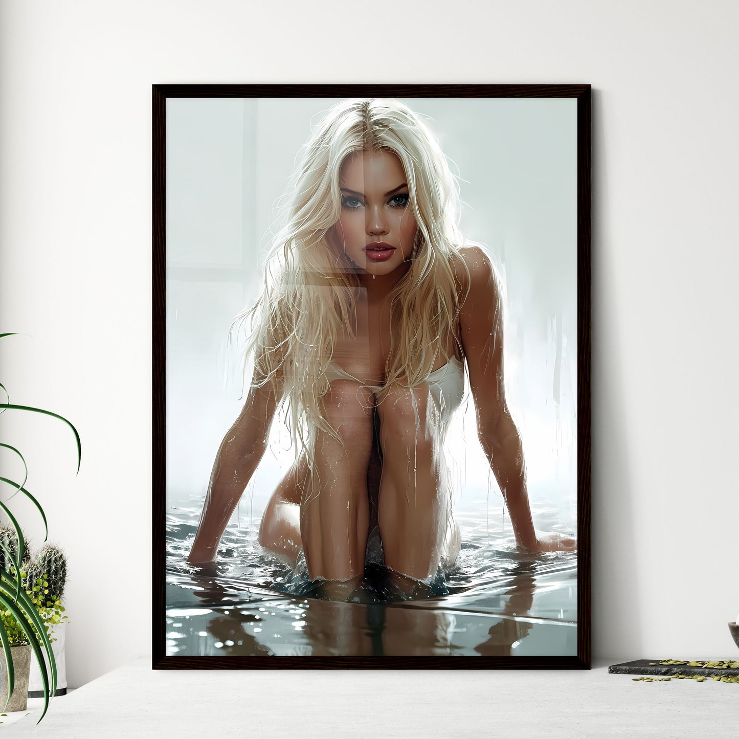 The vintage pin up girl leaning on a car - A - Framed Art Print