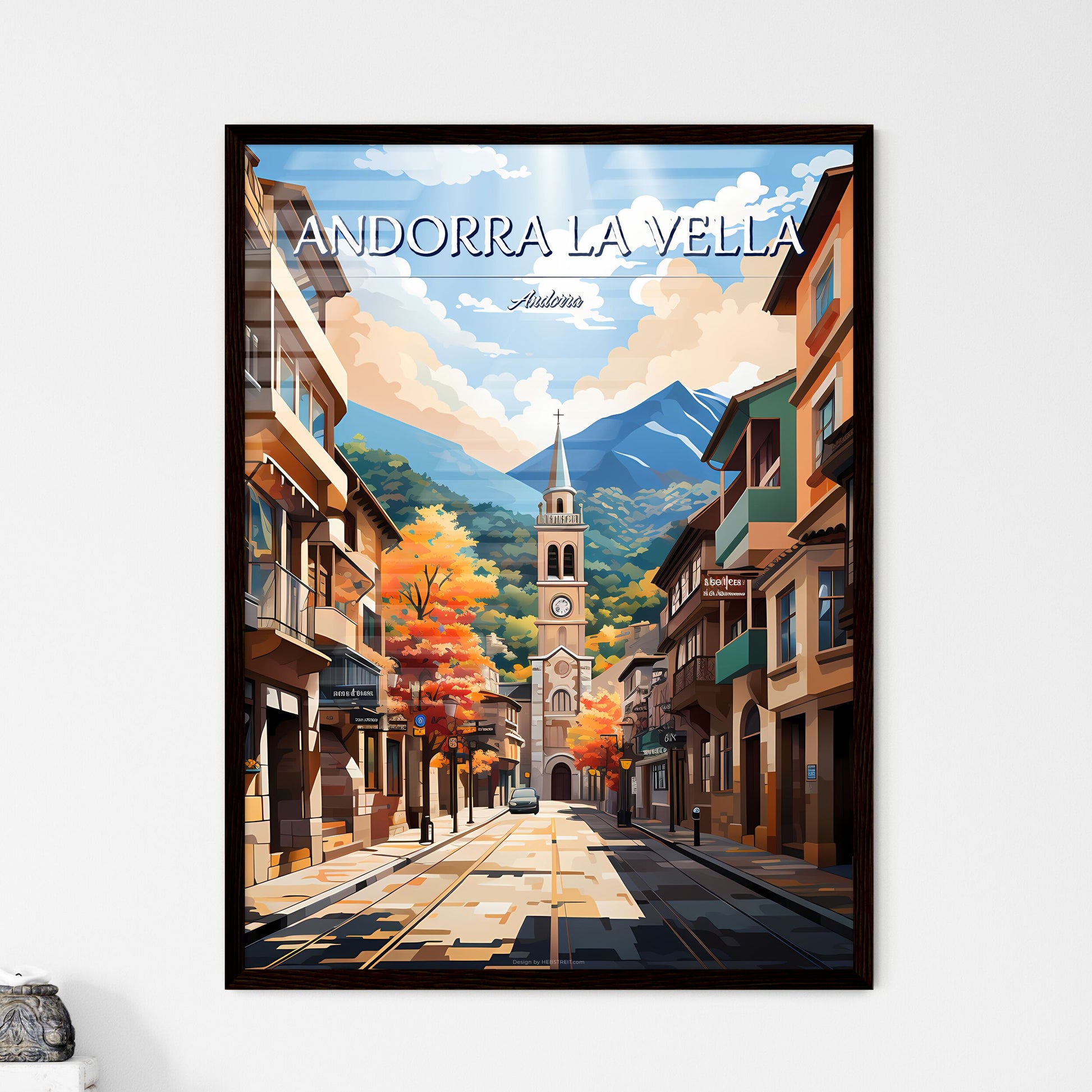 Andorra la Vella, Andorra - Art print of a street with a clock tower and buildings Framed Art