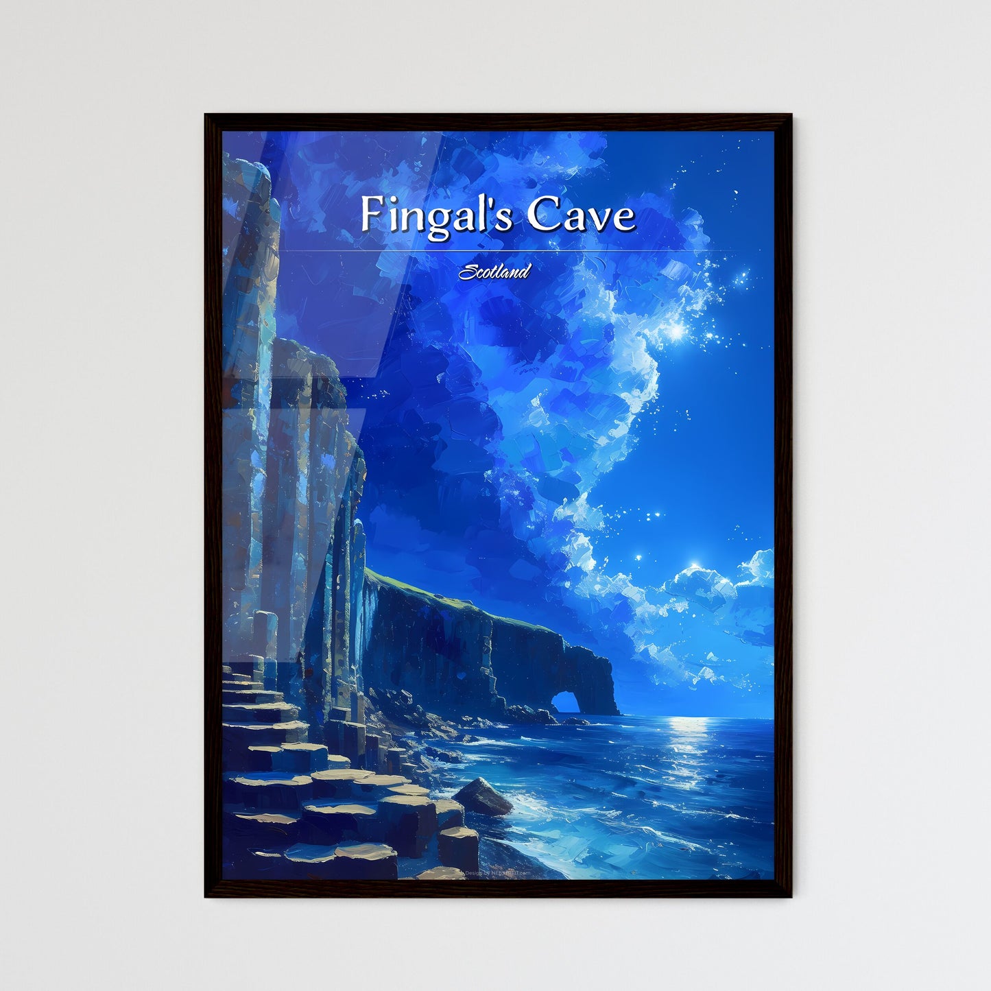 Fingal's Cave, Scotland - Art print of a rock cliff with steps and a body of water Framed Art