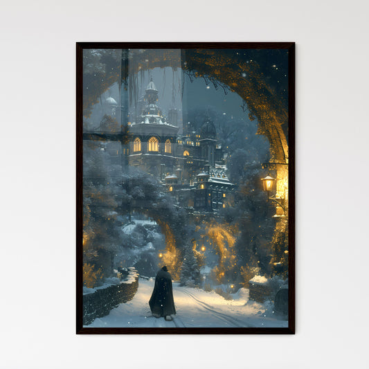 An epic winter forest - Art print of a person walking through a snowy path Framed Art