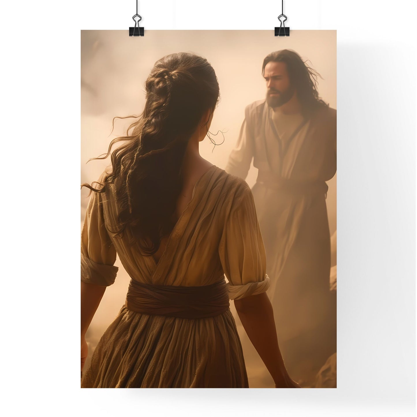 We see the back of young woman with dark wavy hair wearing a brown dress is running toward Jesus a man with dark long hair and a brown rugged robe - Art print of a woman in a long dress looking at a man in a foggy environment Default Title