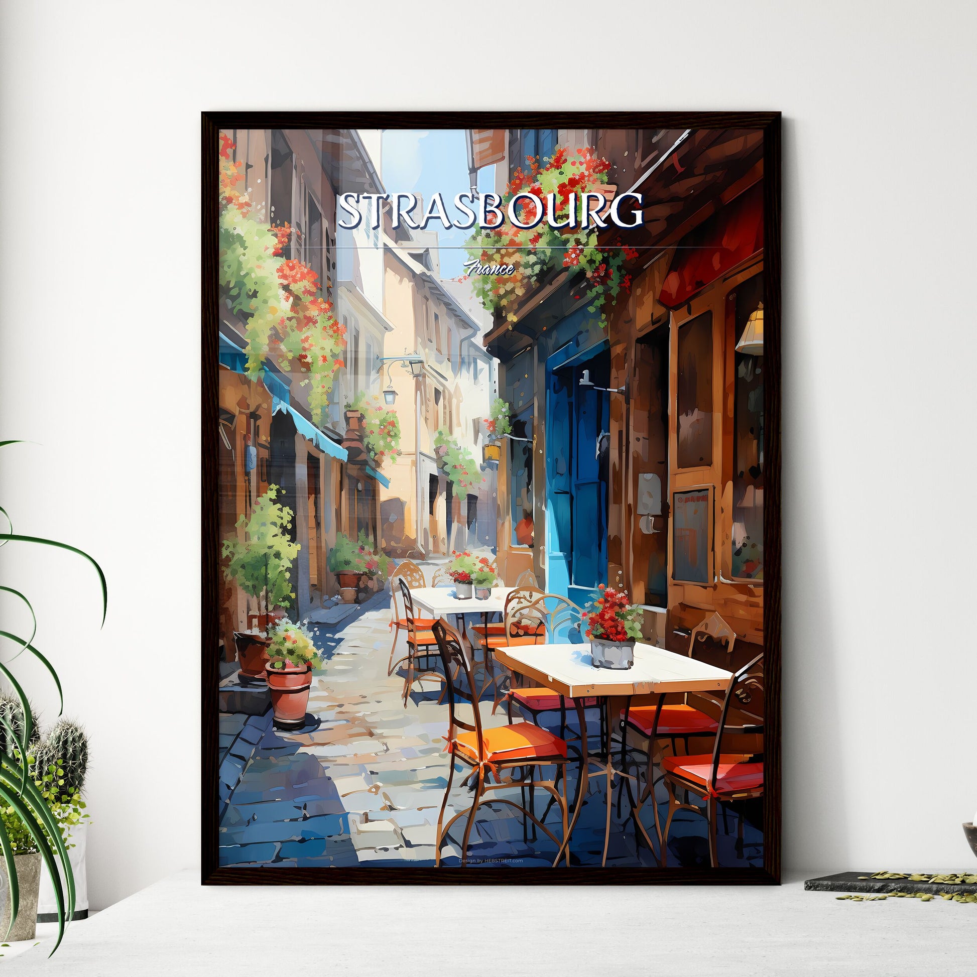 Strasbourg, France - Art print of a street with tables and chairs Framed Art