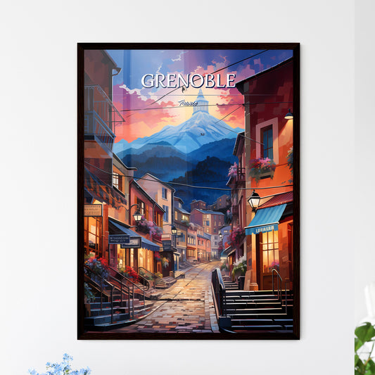 Grenoble, France - Art print of a street with buildings and mountains in the background Framed Art