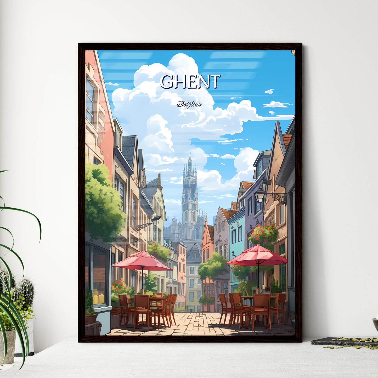 Ghent, Belgium - Art print of a street with tables and chairs and umbrellas in a city Framed Art
