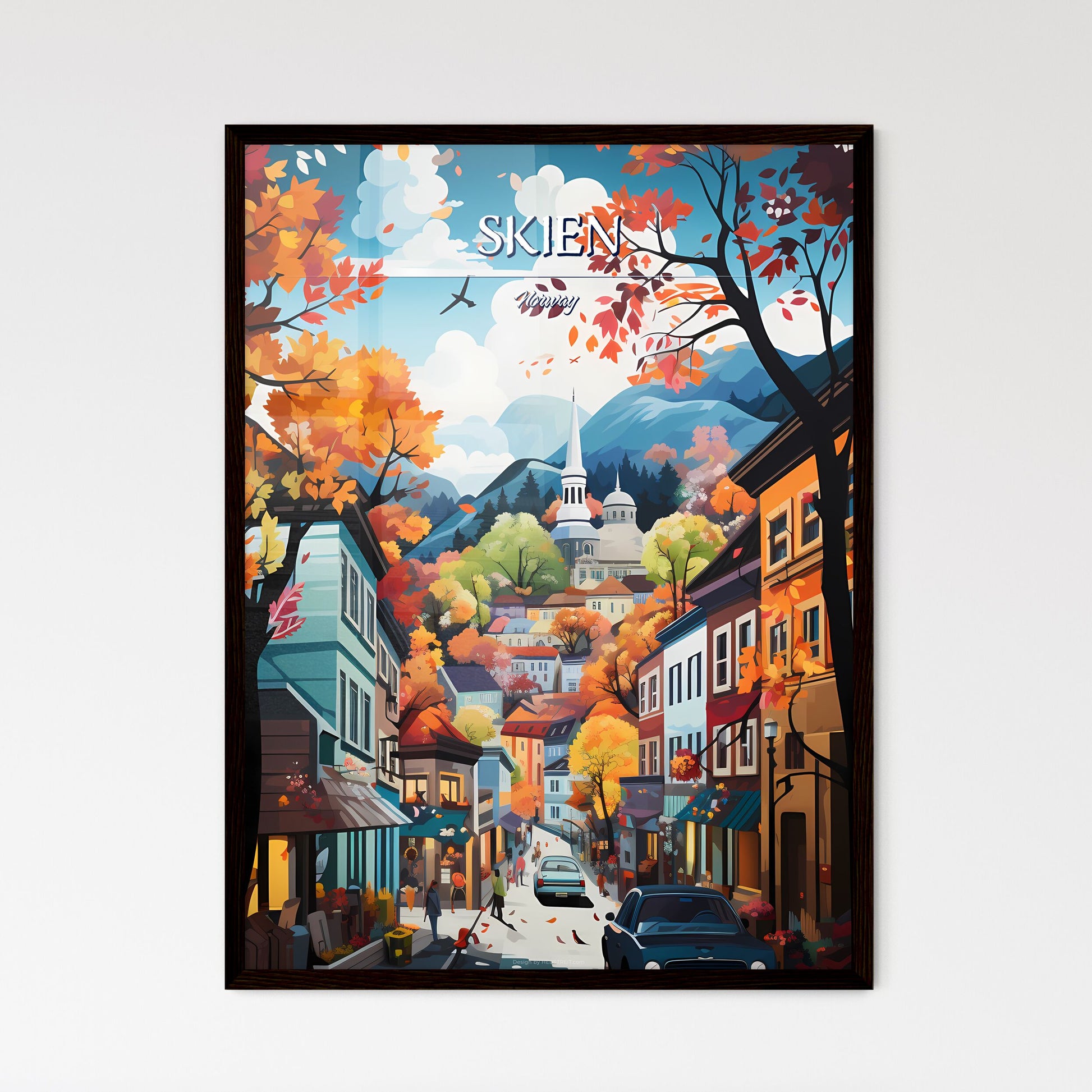 Skien, Norway - Art print of a colorful city street with trees and mountains Framed Art