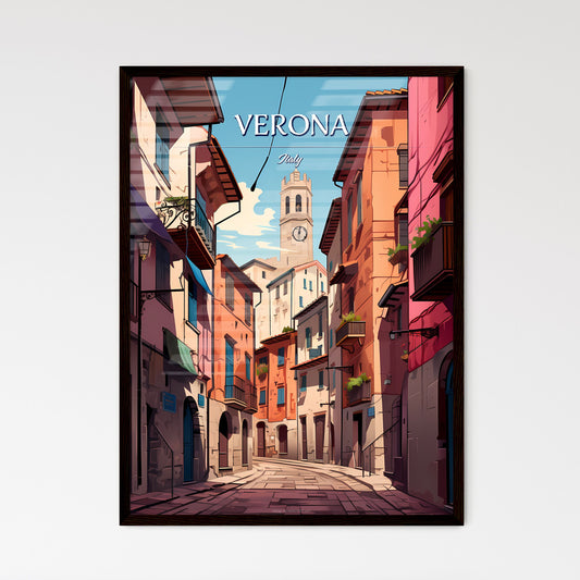 Verona, Italy - Art print of a street with buildings and a clock tower Framed Art