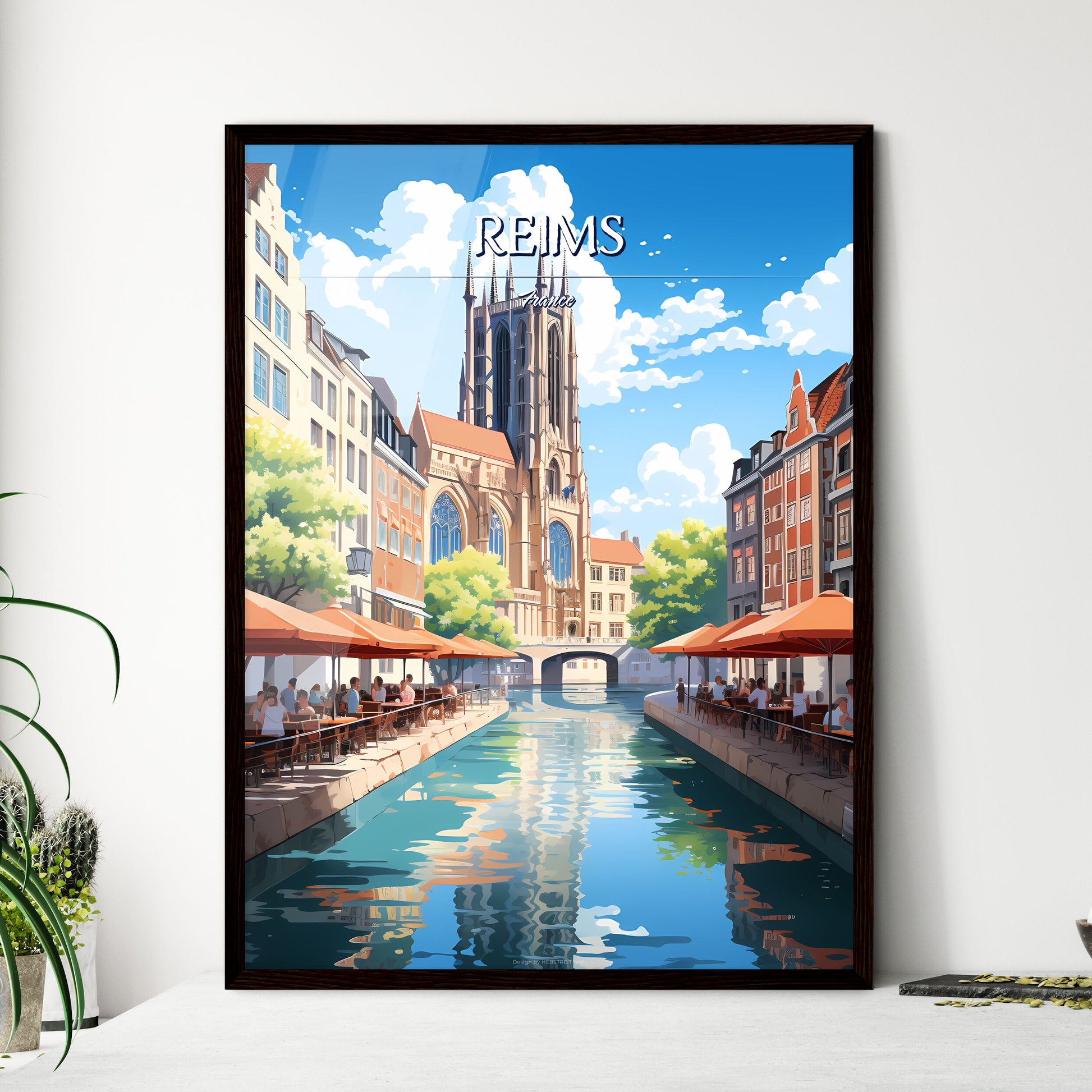 Reims, France - Art print of a river with people sitting at tables and umbrellas in a city Framed Art