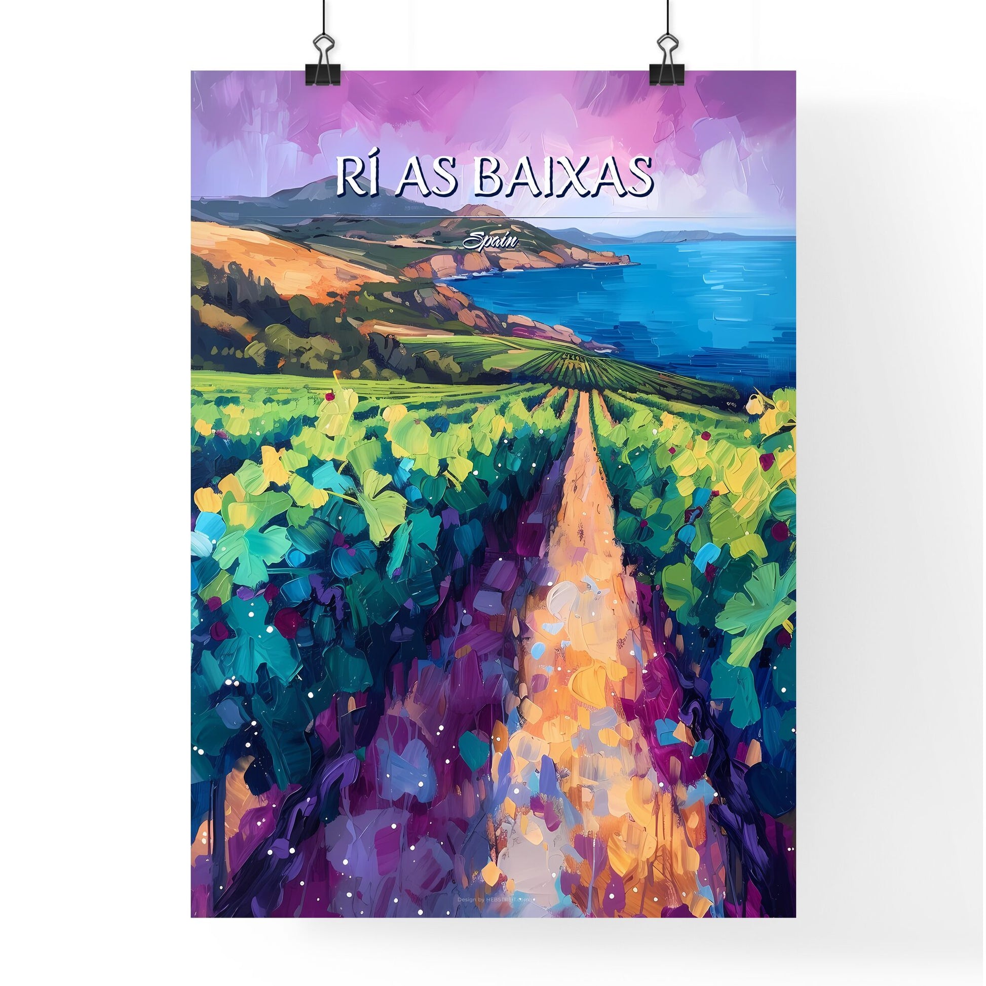 Rí­as Baixas, Spain - Art print of a painting of a vineyard by the ocean Default Title