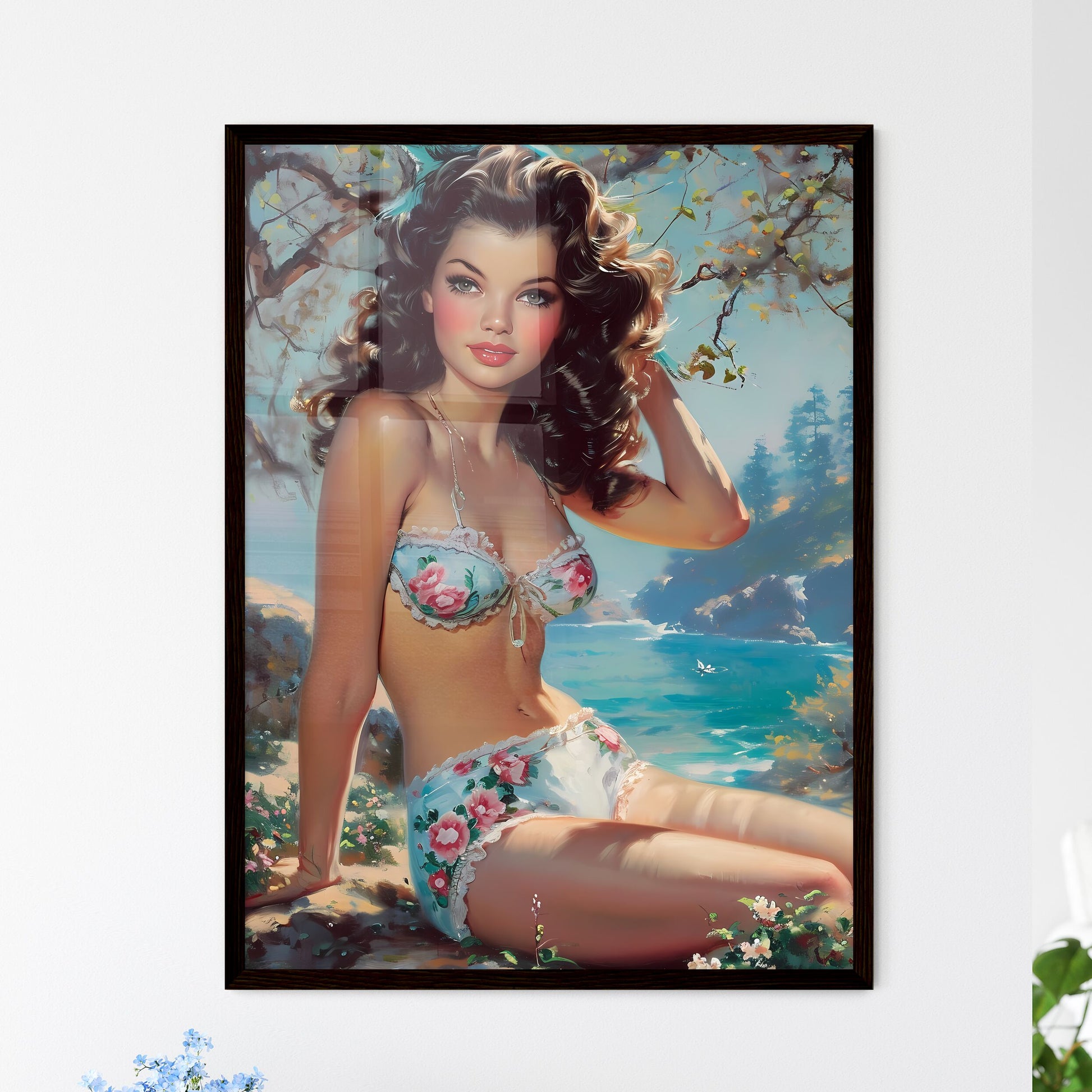 Pin up pedigree pinups 50s - Art print of a woman in a garment sitting on a rock Default Title