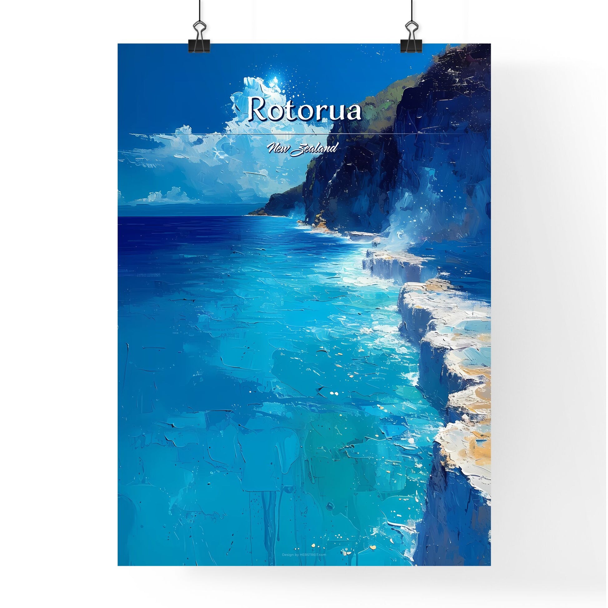 Rotorua, New Zealand - Art print of a blue water and rocky cliffs Default Title