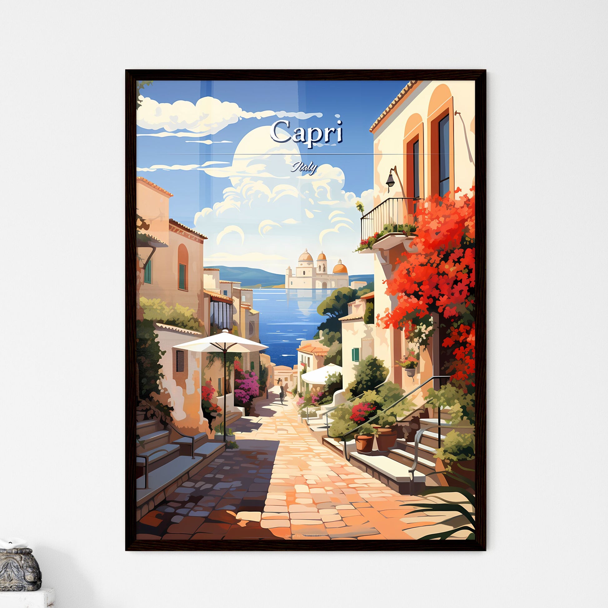 Capri, Italy - Art print of a street with buildings and a body of water Framed Art