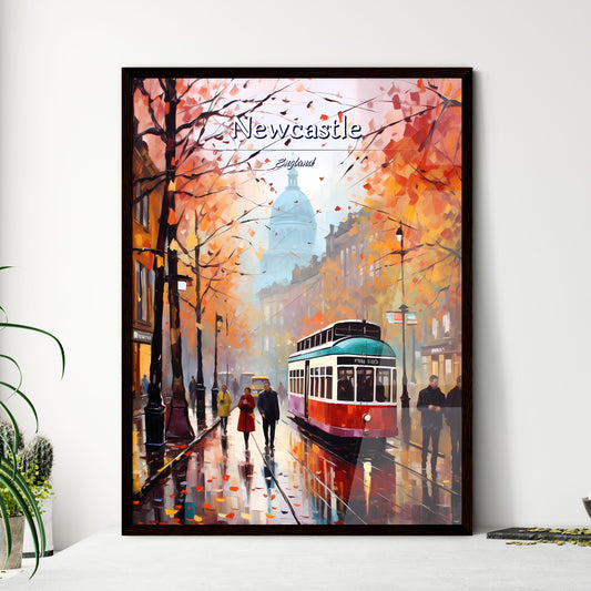 Newcastle upon Tyne, England - Art print of a street with a trolley and people walking on it Framed Art
