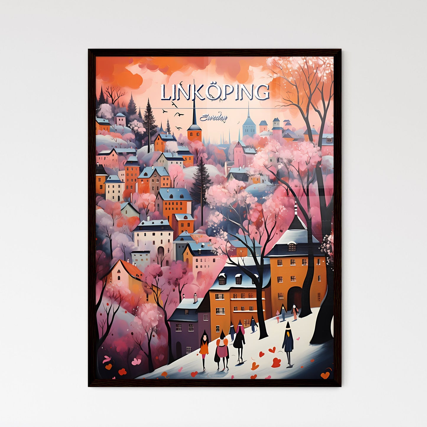 Linköping, Sweden, - Art print of a painting of a town with trees and buildings Framed Art