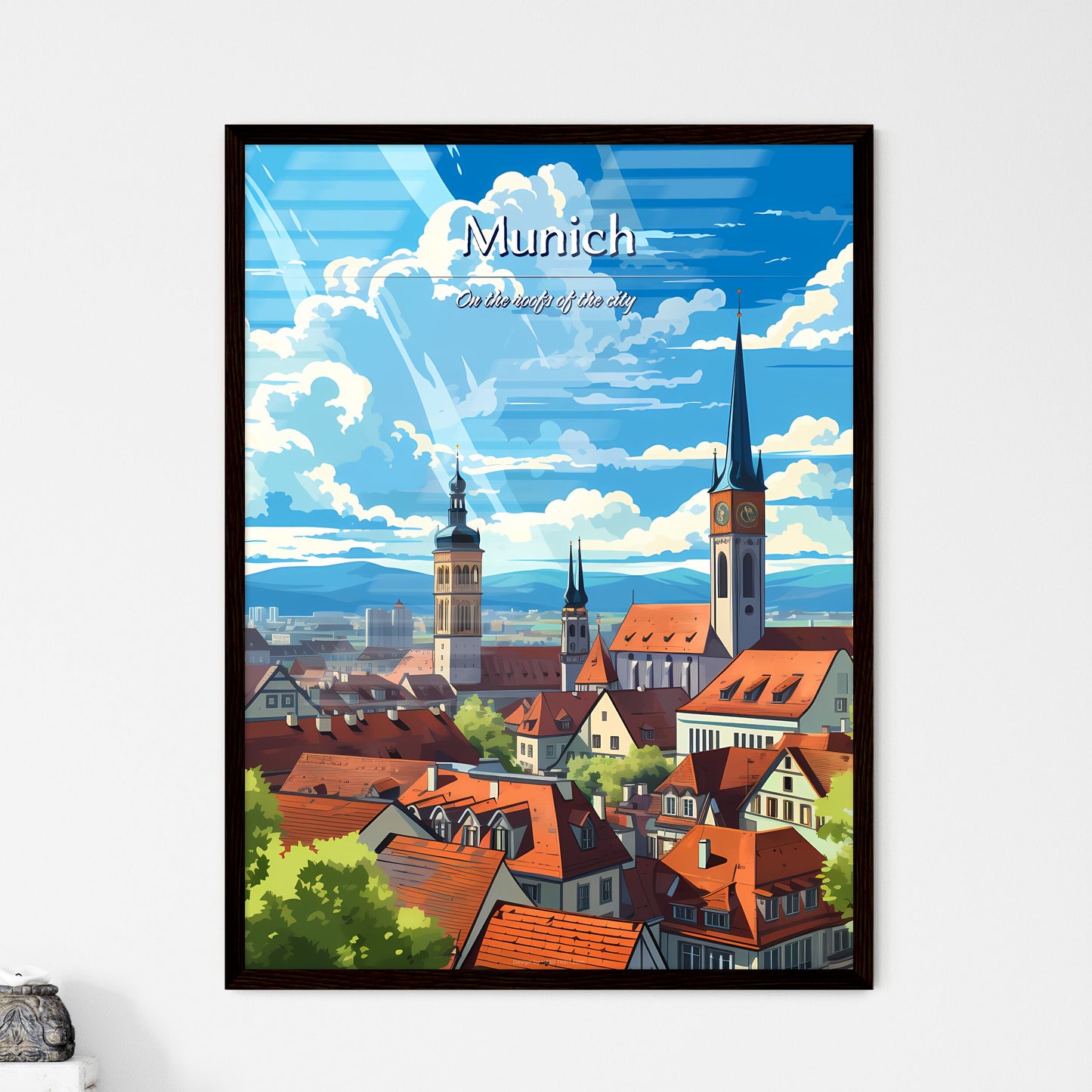 On the roofs of Munich - Art print of a city with a clock tower Framed Art
