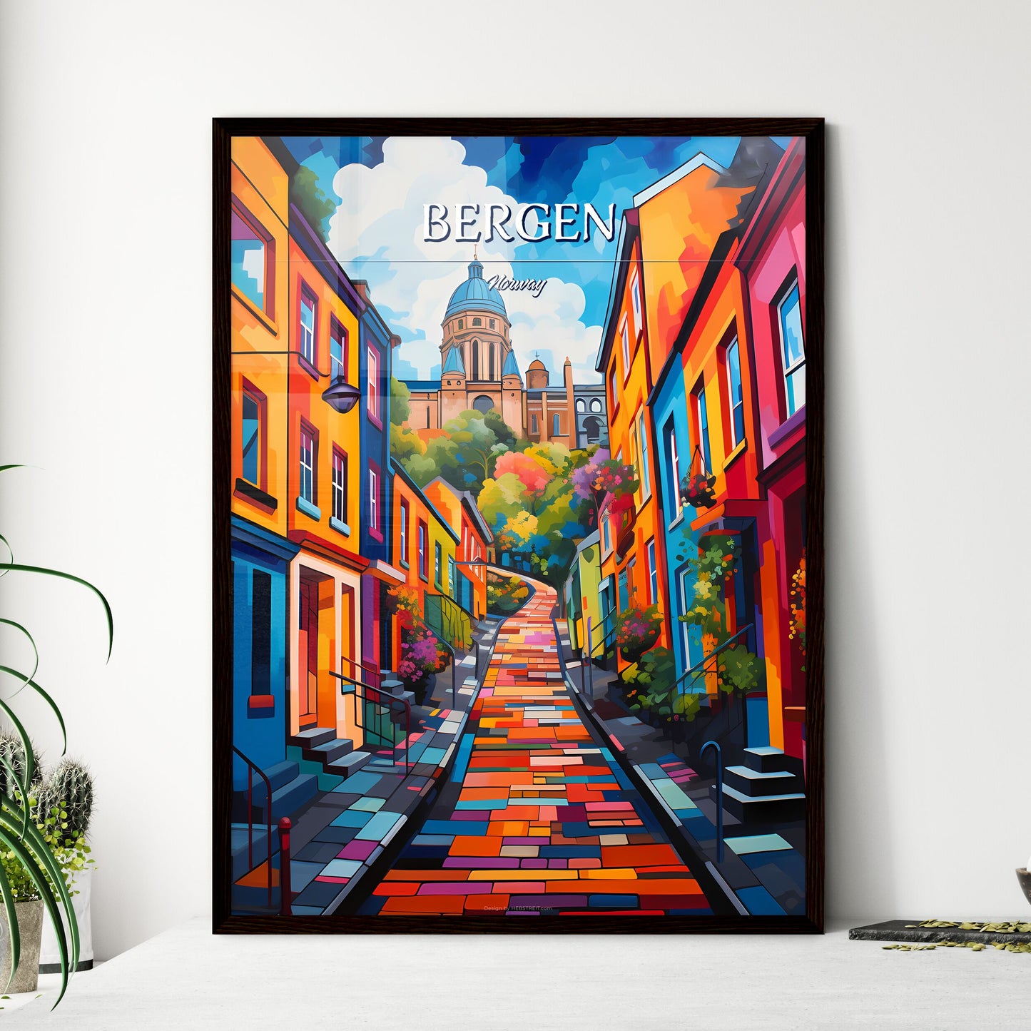 Bergen, Norway - Art print of a colorful street with a building in the background Framed Art