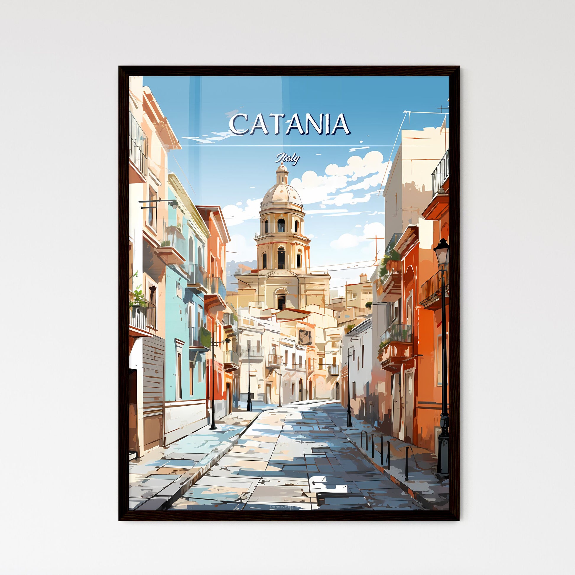 Catania, Italy - Art print of a street with buildings and a tower Framed Art