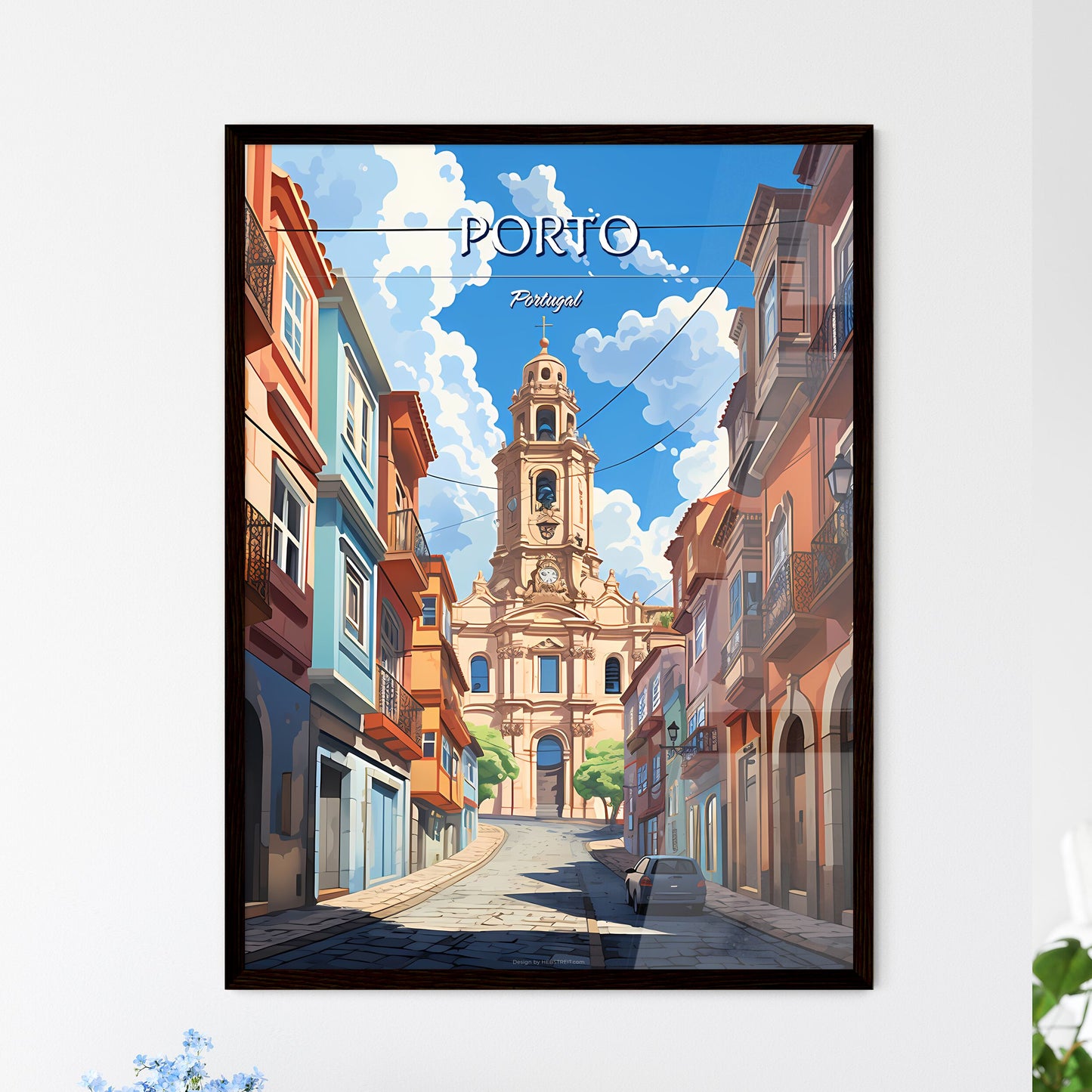 Porto, Portugal - Art print of a street with a large tower and buildings Framed Art