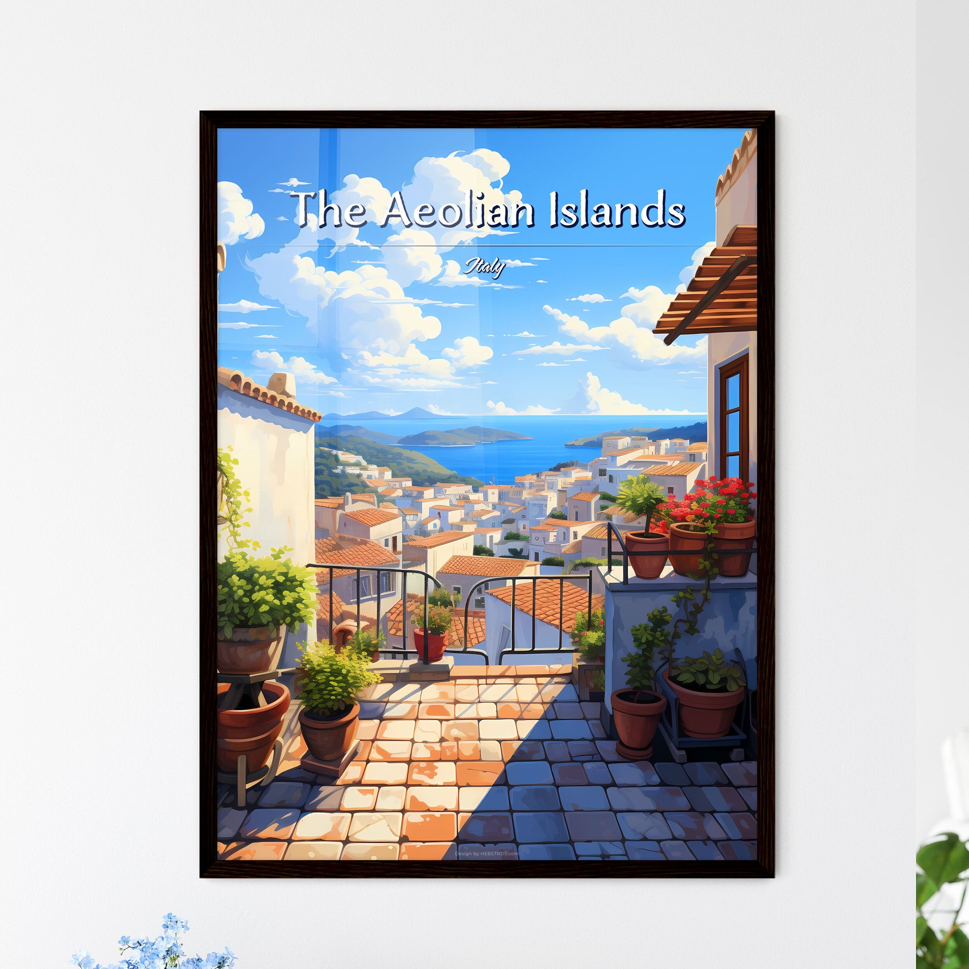 On the roofs of The Aeolian Islands, Italy - Art print of a view of a city from a balcony Framed Art