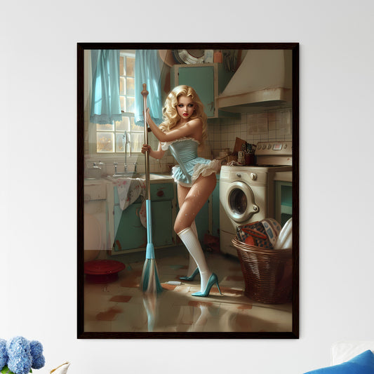 Housewife - Art print of a woman in a kitchen holding a broom Default Title