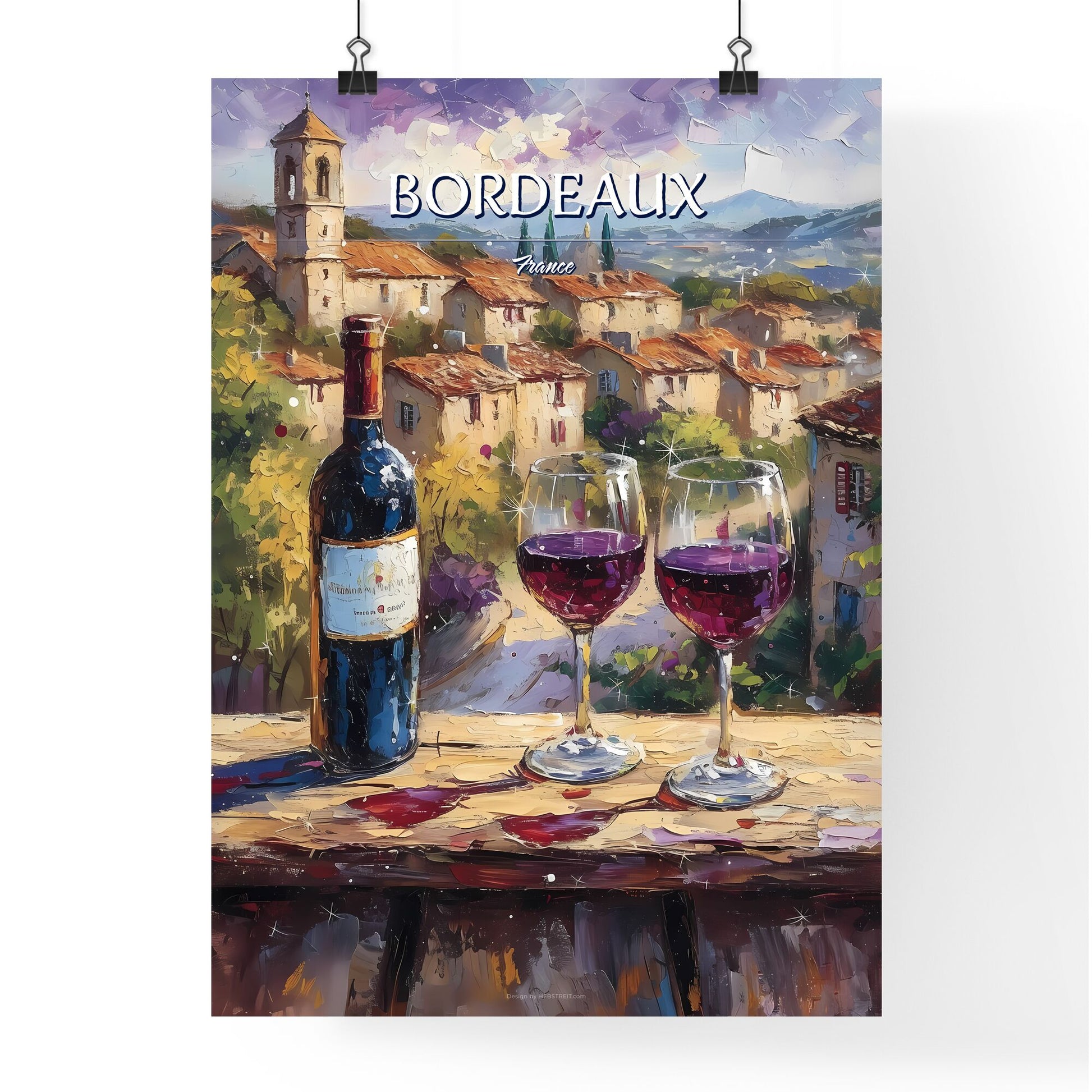 Bordeaux, France - Art print of a bottle and glasses of wine on a table Default Title