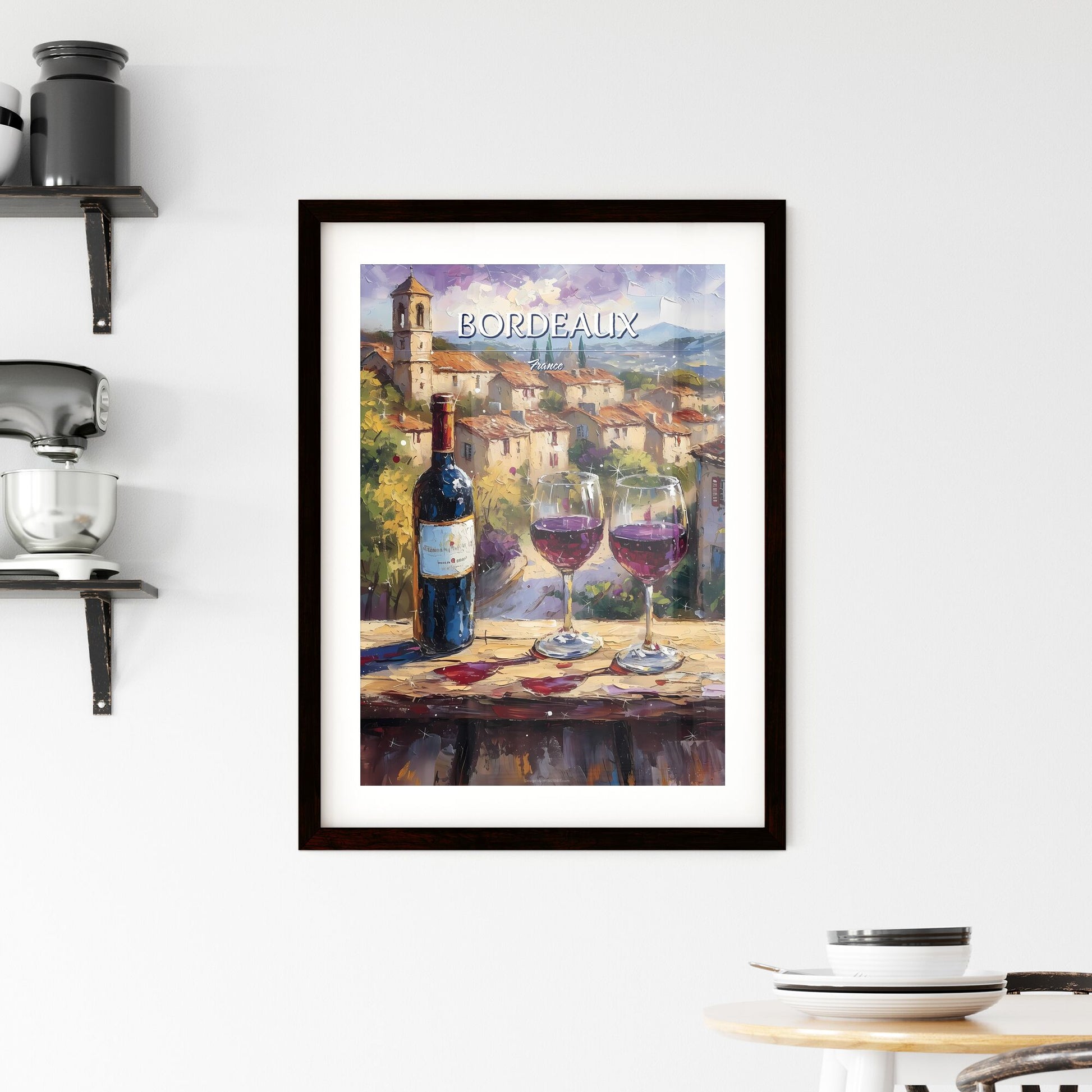 Bordeaux, France - Art print of a bottle and glasses of wine on a table Default Title