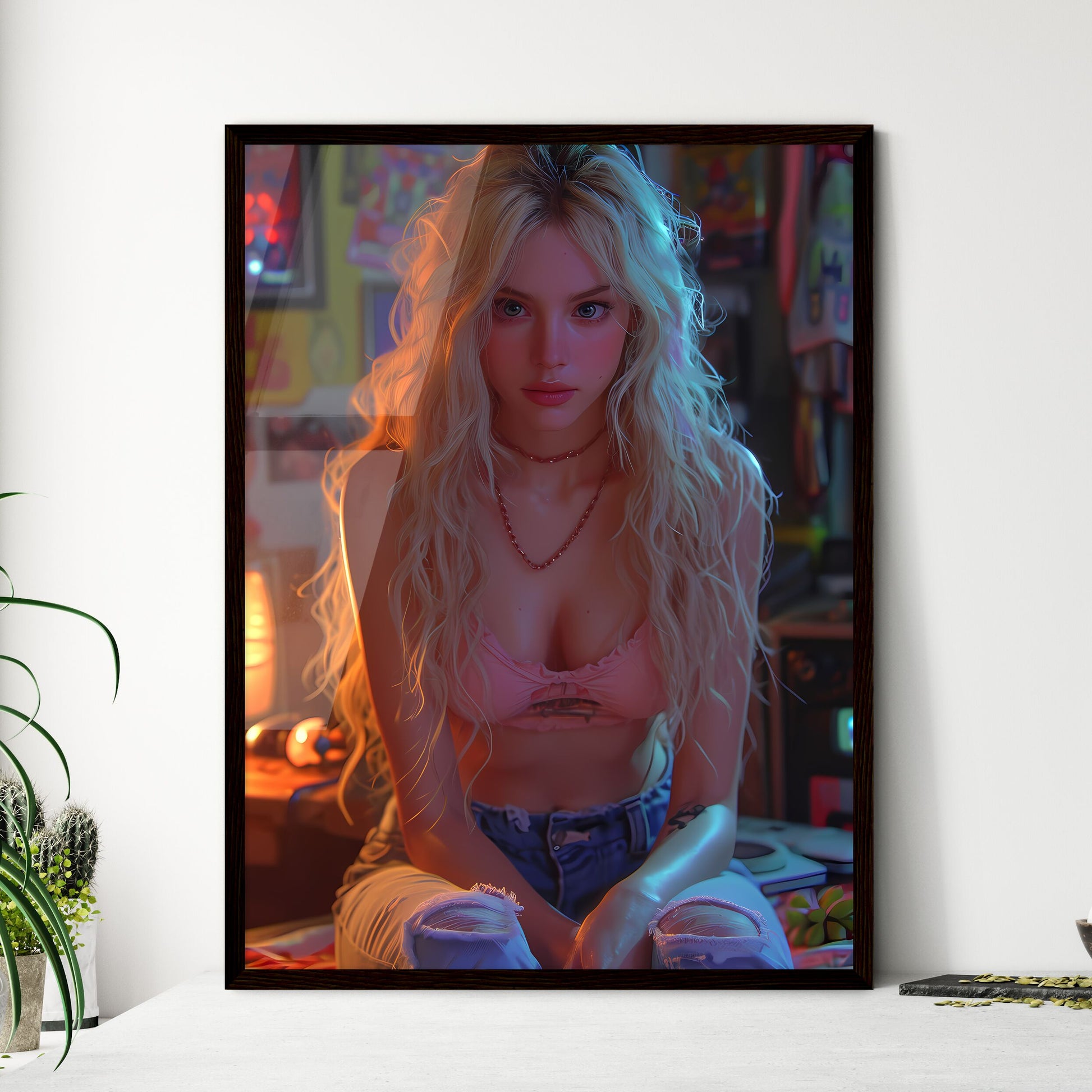 A trendy gamer streams herself - Art print o - Framed Art Print