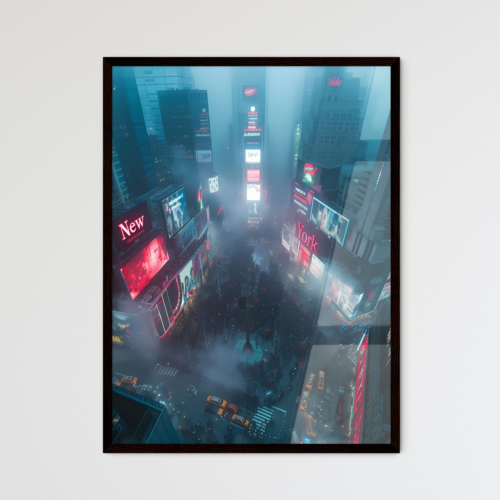 Poster of New York - Art print of a city street with many buildings and lots of people Framed Art