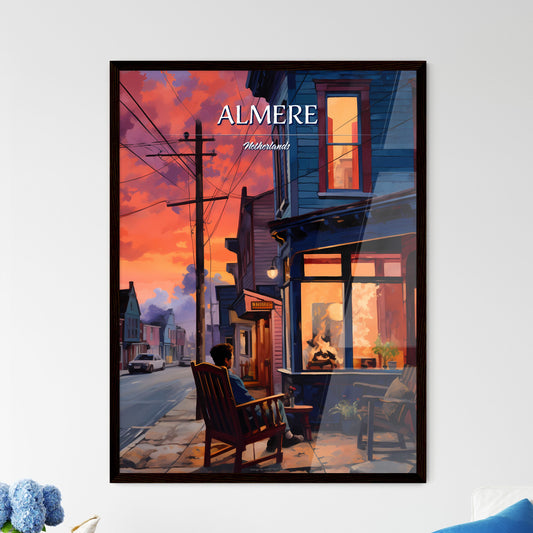 Almere, Netherlands - Art print of a person sitting on a bench in front of a fire Framed Art