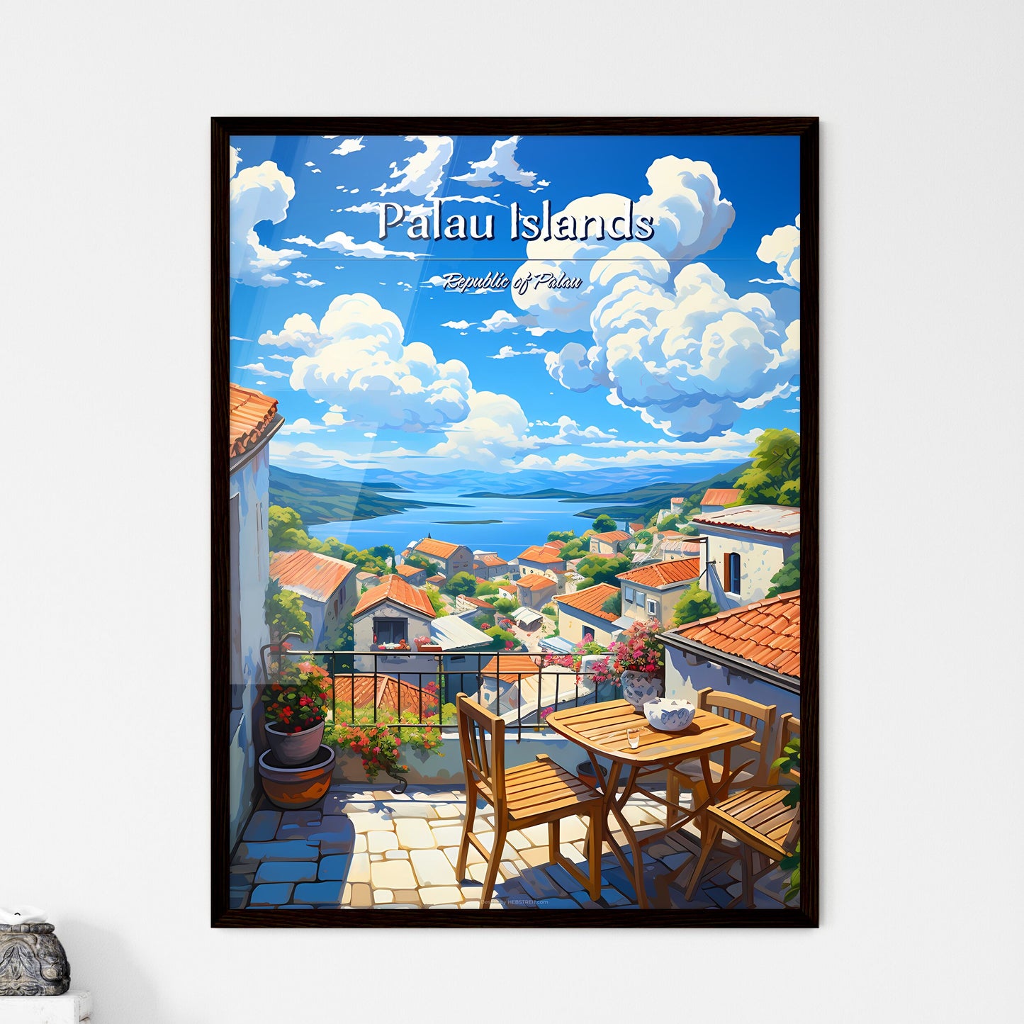 On the roofs of Palau Islands, Republic of Palau - Art print of a view of a town from a balcony Framed Art