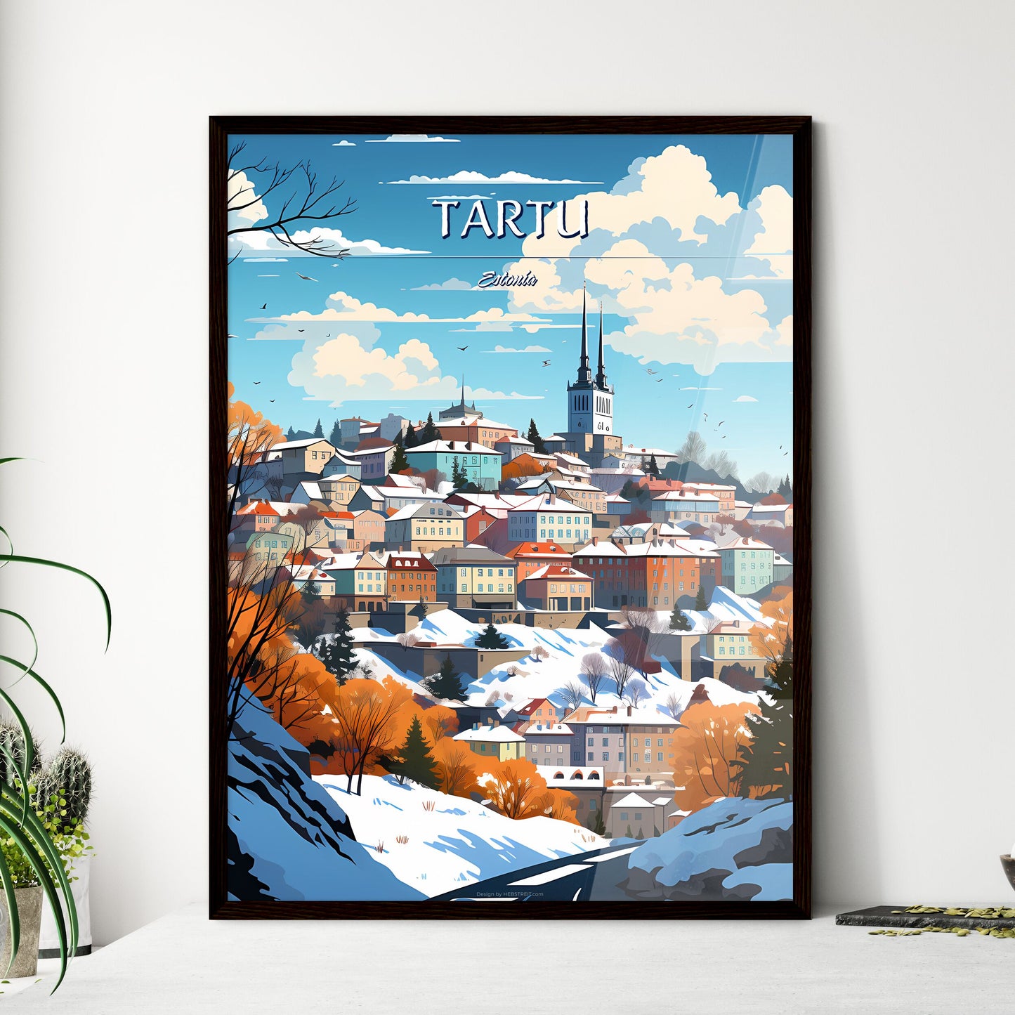Tartu, Estonia - Art print of a snowy town on a hill Framed Art