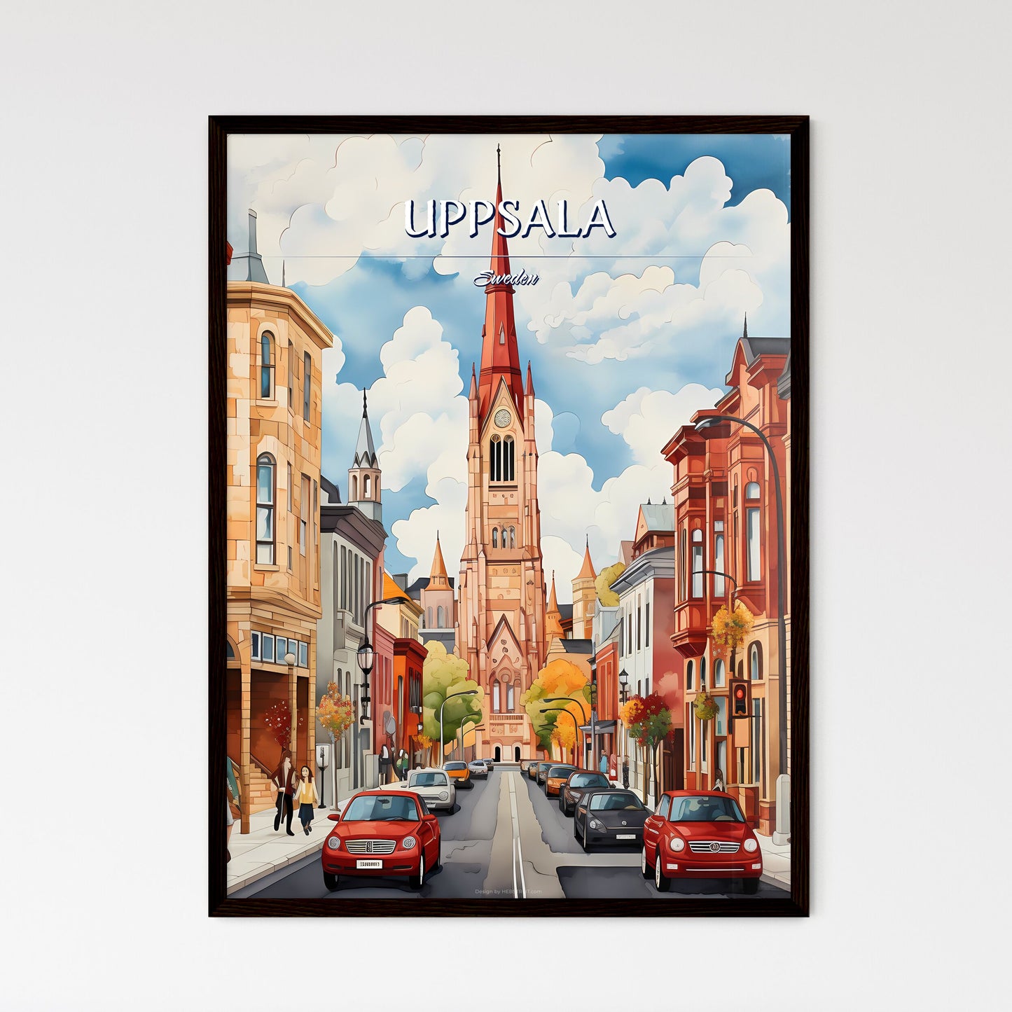 Uppsala, Sweden, - Art print of a street with cars and a church in the background Framed Art