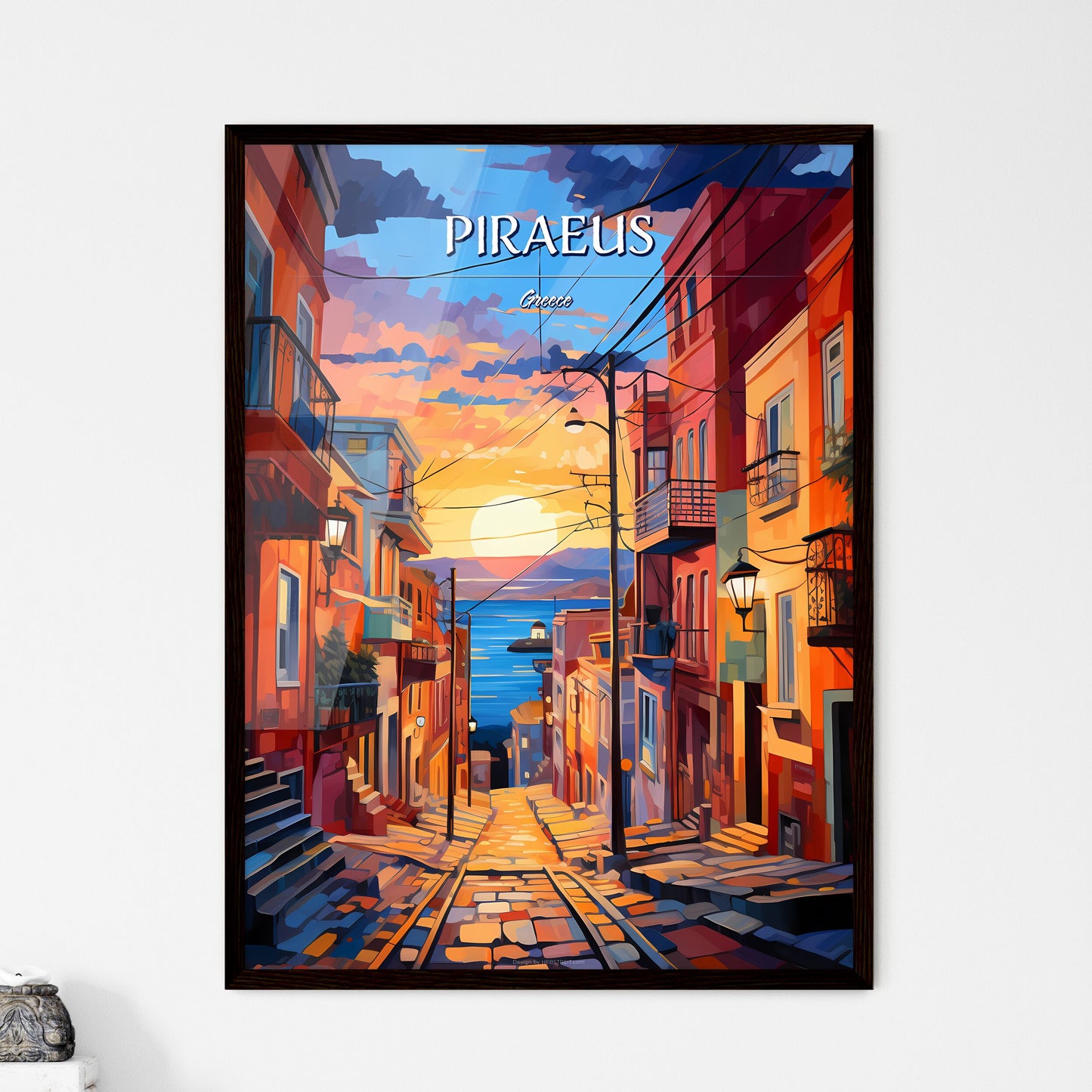Piraeus, Greece - Art print of a street with buildings and a body of water Framed Art