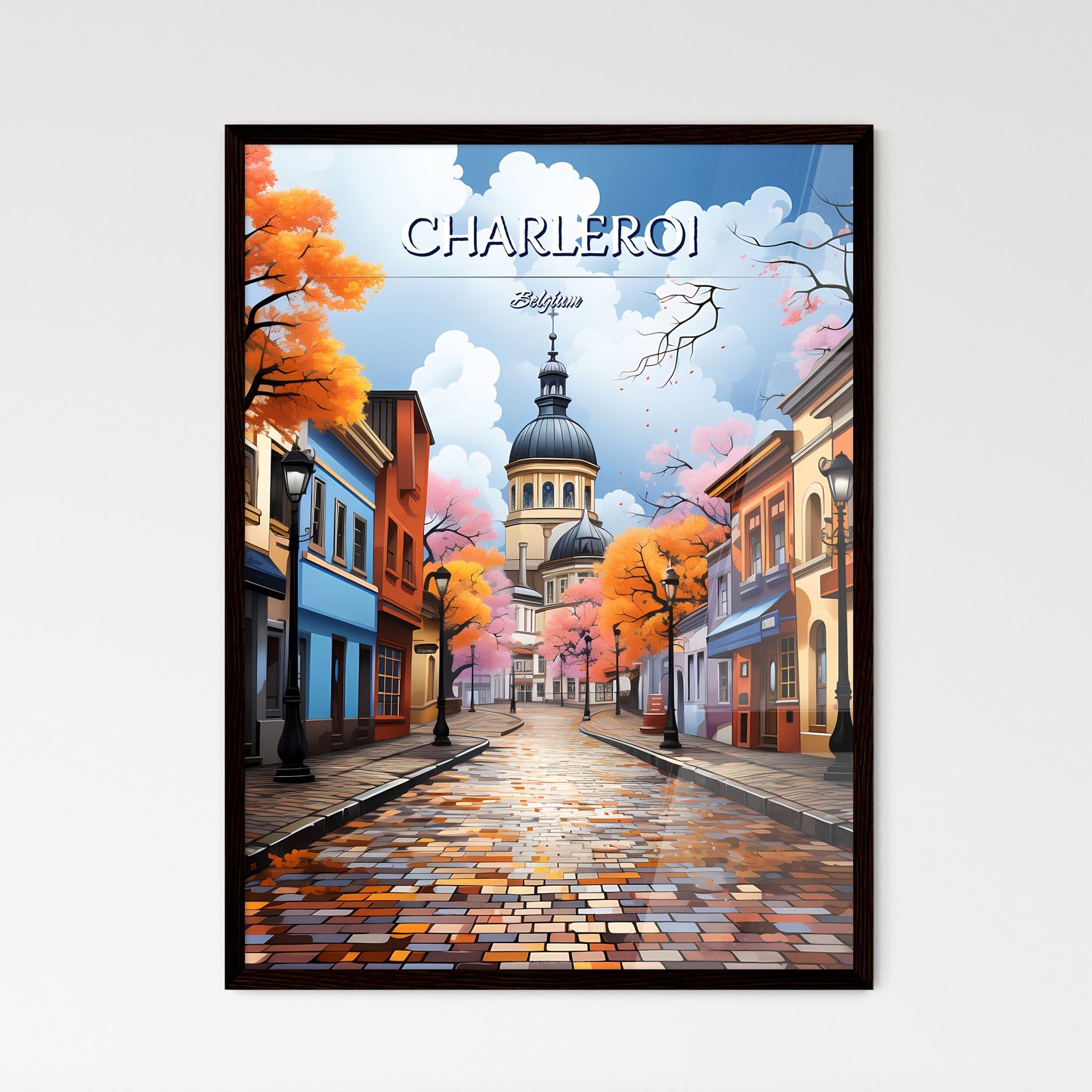 Charleroi, Belgium - Art print of a street with colorful buildings and trees Framed Art