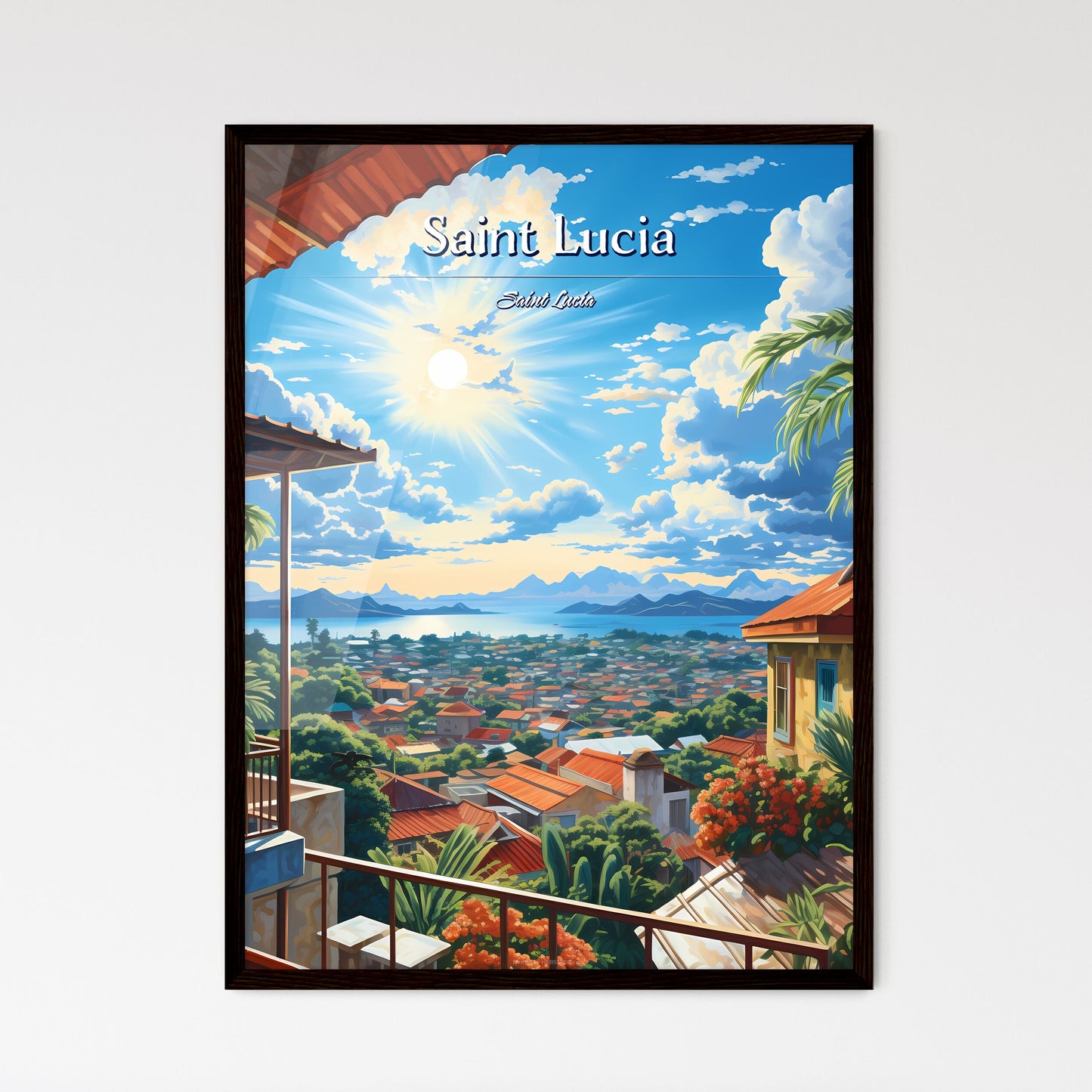 On the roofs of Saint Lucia, Saint Lucia - Art print of a view of a city from a balcony Framed Art