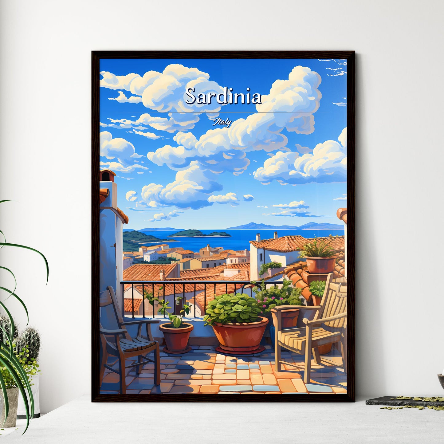 On the roofs of Sardinia, Italy - Art print of a balcony with chairs and plants on it Framed Art