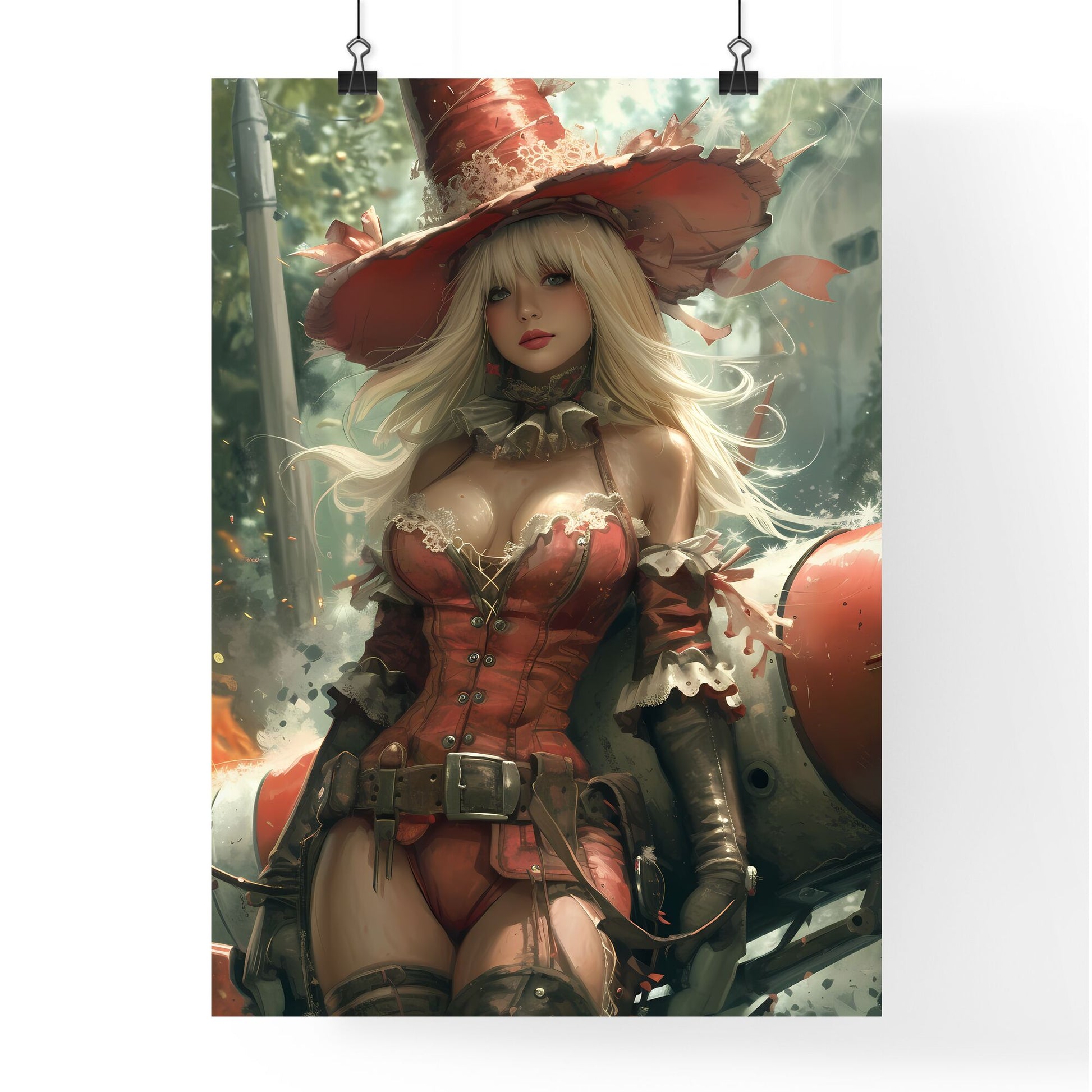 Cowgirl riding a rocket - Art print of a woman wearing a red outfit and hat Default Title