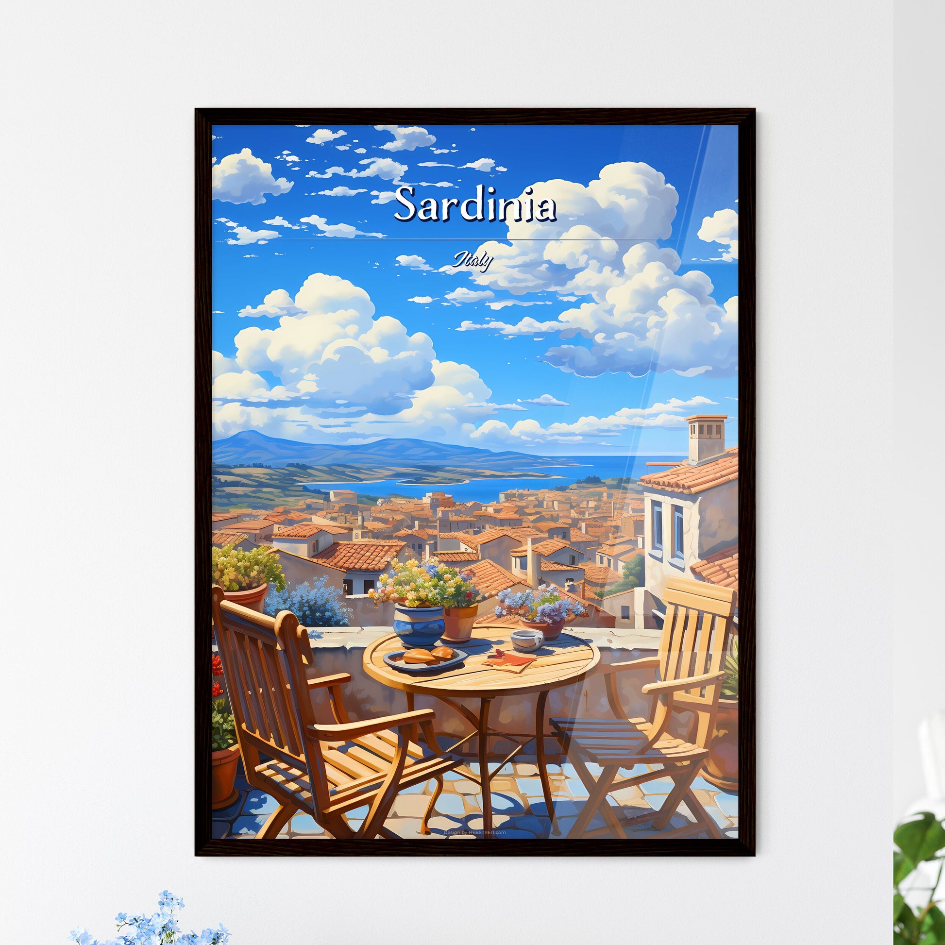 On the roofs of Sardinia, Italy - Art print of a table and chairs on a rooftop overlooking a city Framed Art