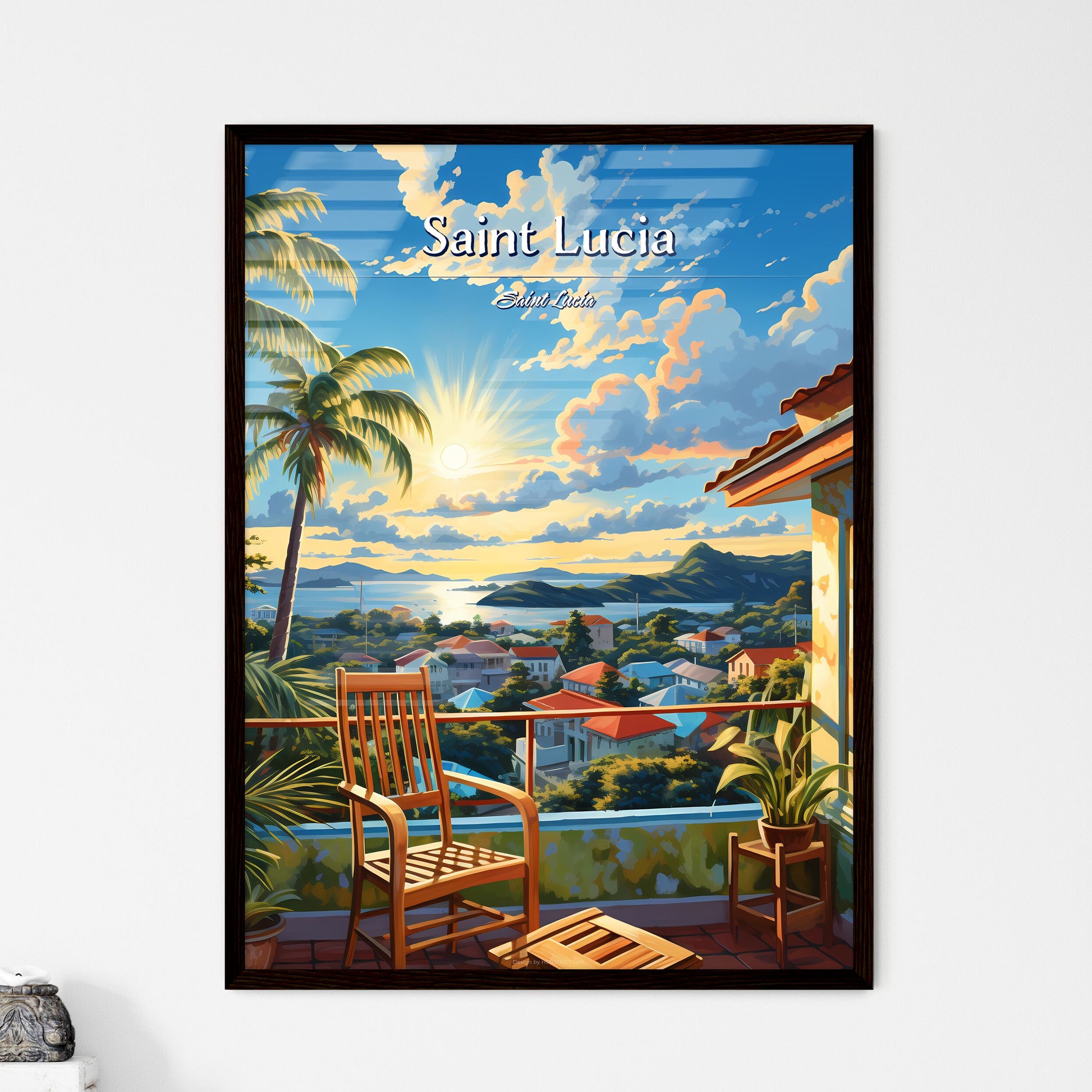 On the roofs of Saint Lucia, Saint Lucia - Art print of a chair on a balcony overlooking a city Framed Art