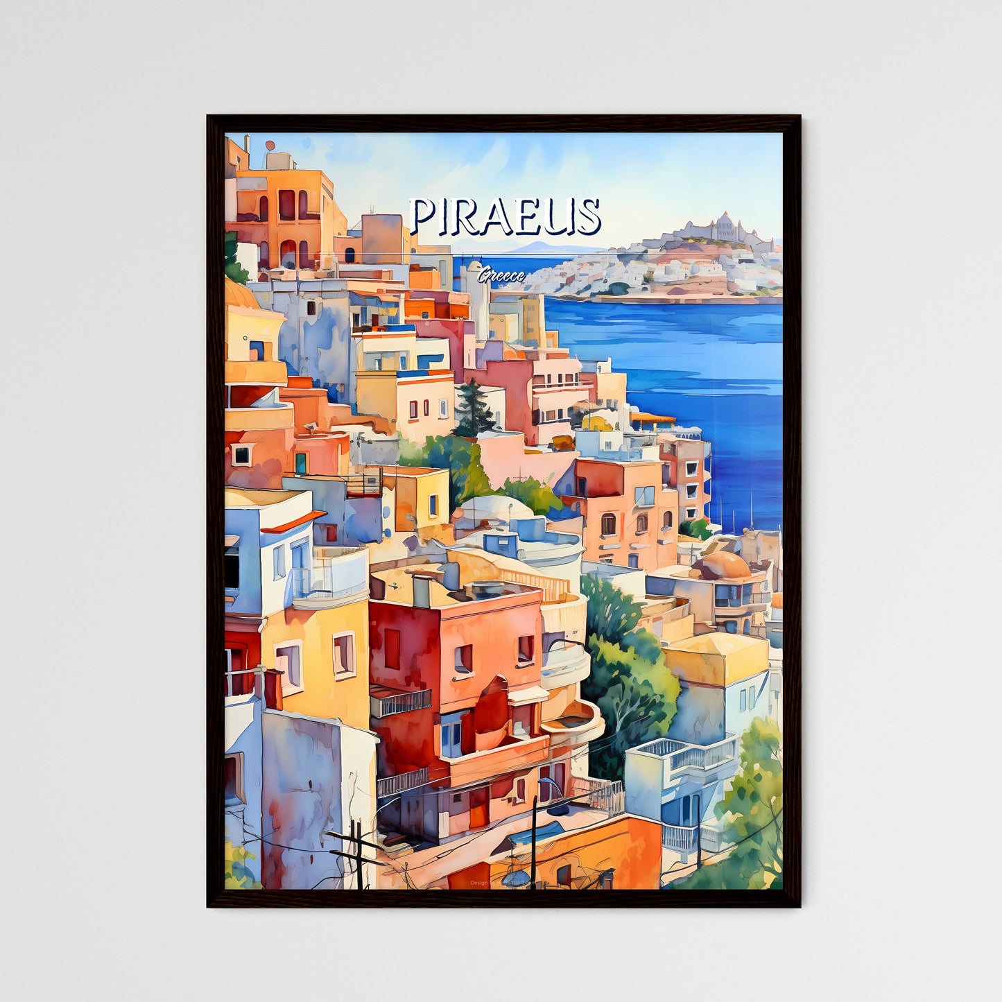 Piraeus, Greece - Art print of watercolor painting of a city by a body of water Framed Art