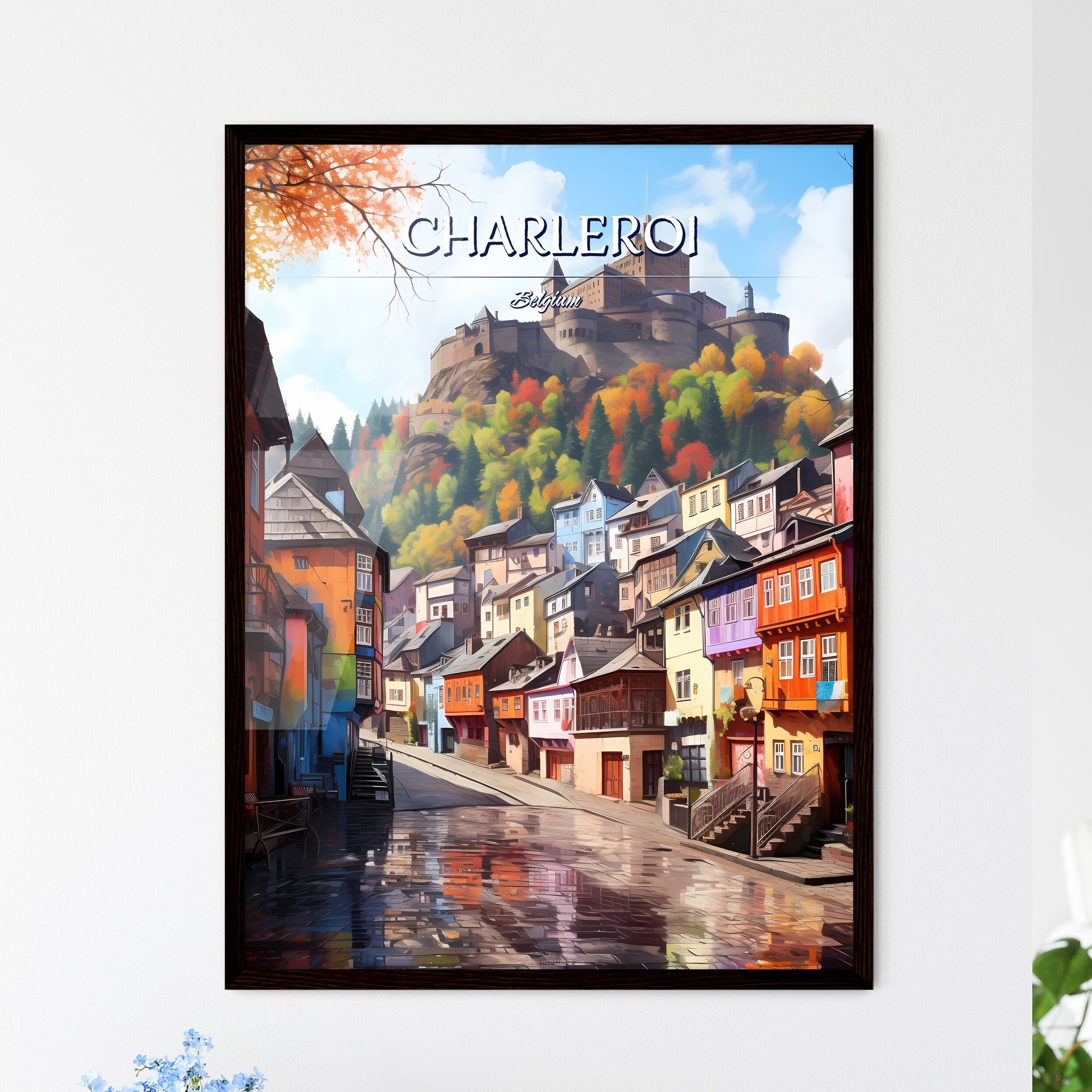 Charleroi, Belgium - Art print of a street with colorful buildings and a castle on top of a hill Framed Art
